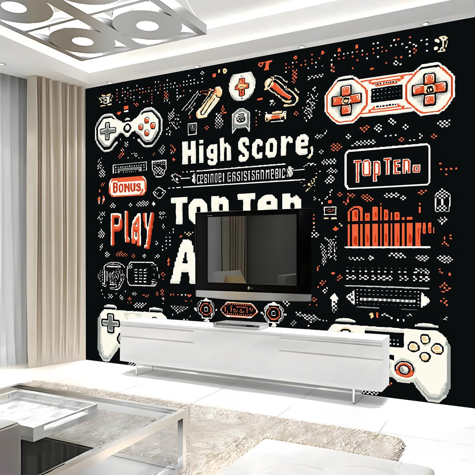 Panoramiczna tapeta z nadrukiem retro gamepady tapeta ścienna z włókniny 400 x 280 cm do salonu pokój dziecięcy restauracja mieszkanie dekoracja ścienna czarny biały