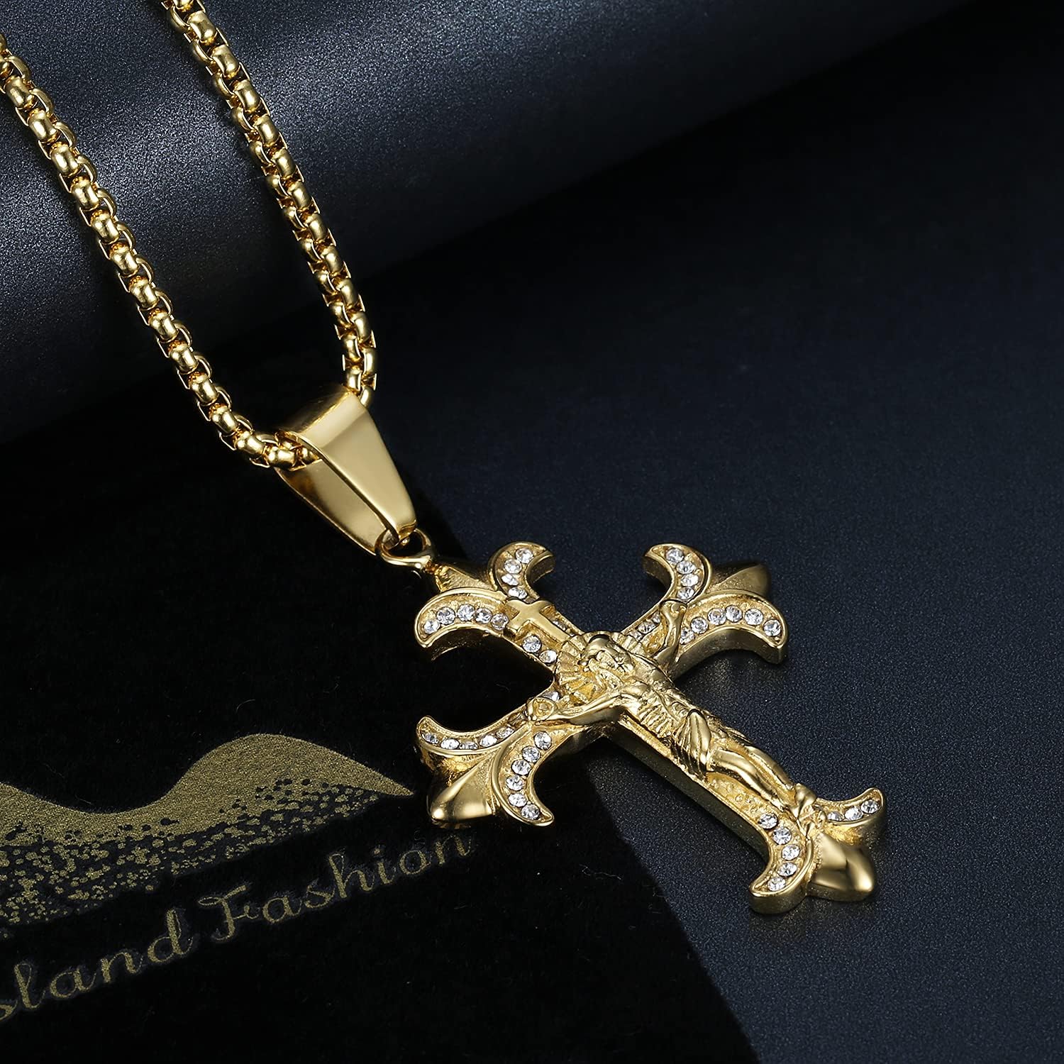 NEGS 18K Gold Plated Crucifix Cross Catholic Christ Pendant Stainless Steel Necklace for Men Women,24 Inch Chain Jesus Prayer Christian Easter Jewelry Gift - Image 3