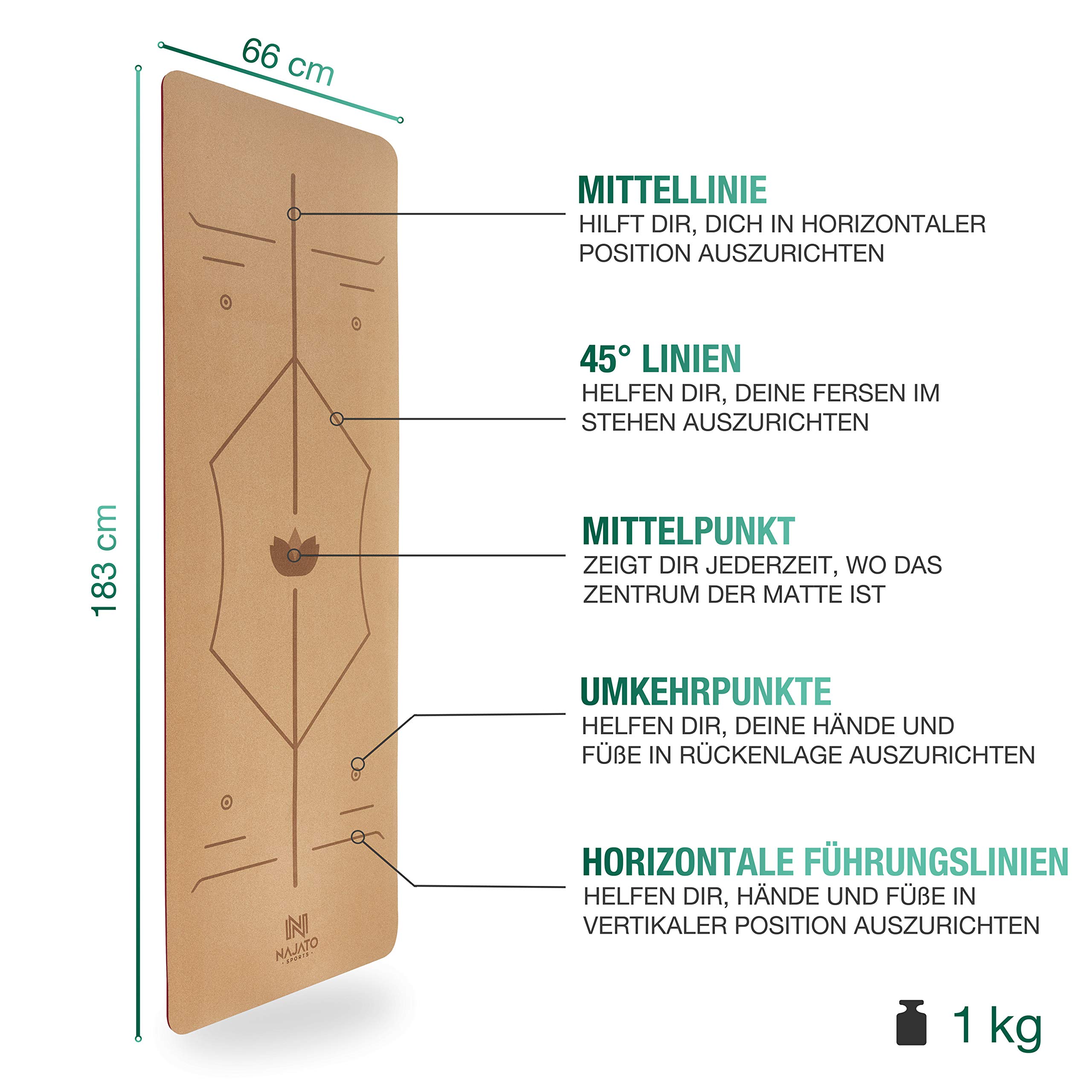 NAJATO Sports Yogamatte Kork – Rutschfeste Yoga Matte mit Tragegurt & E-Book (PDF Datei) – Trainingsmatte 183 x 65 x 0,6 cm – Nachhaltige Gymnastikmatte