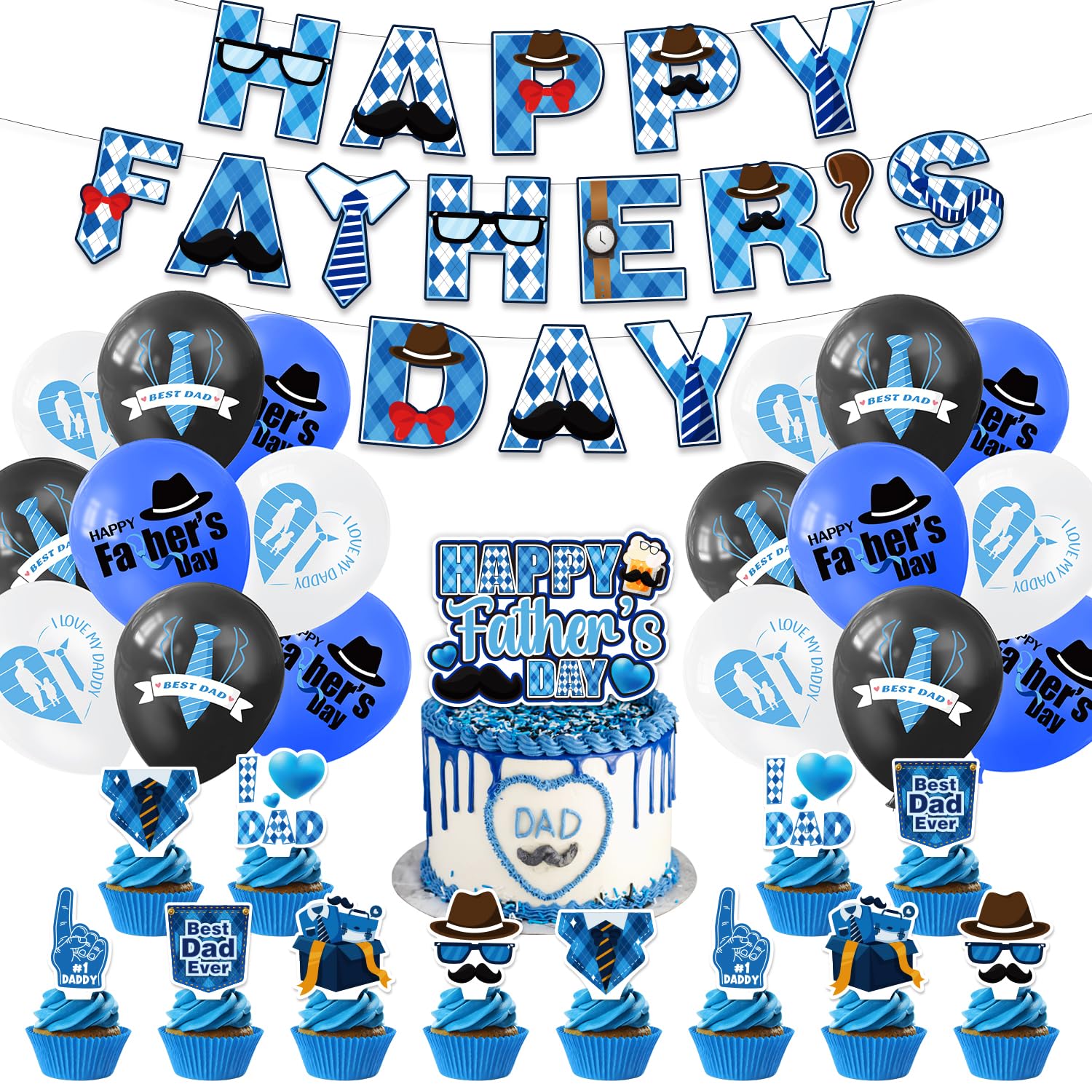 LOONELO Father's Day Party Decorations, I Love Dad Party Supplies - Happy Father's Day Banner, Balloons, Cake & Cupcake Toppers, Thank You Daddy Best