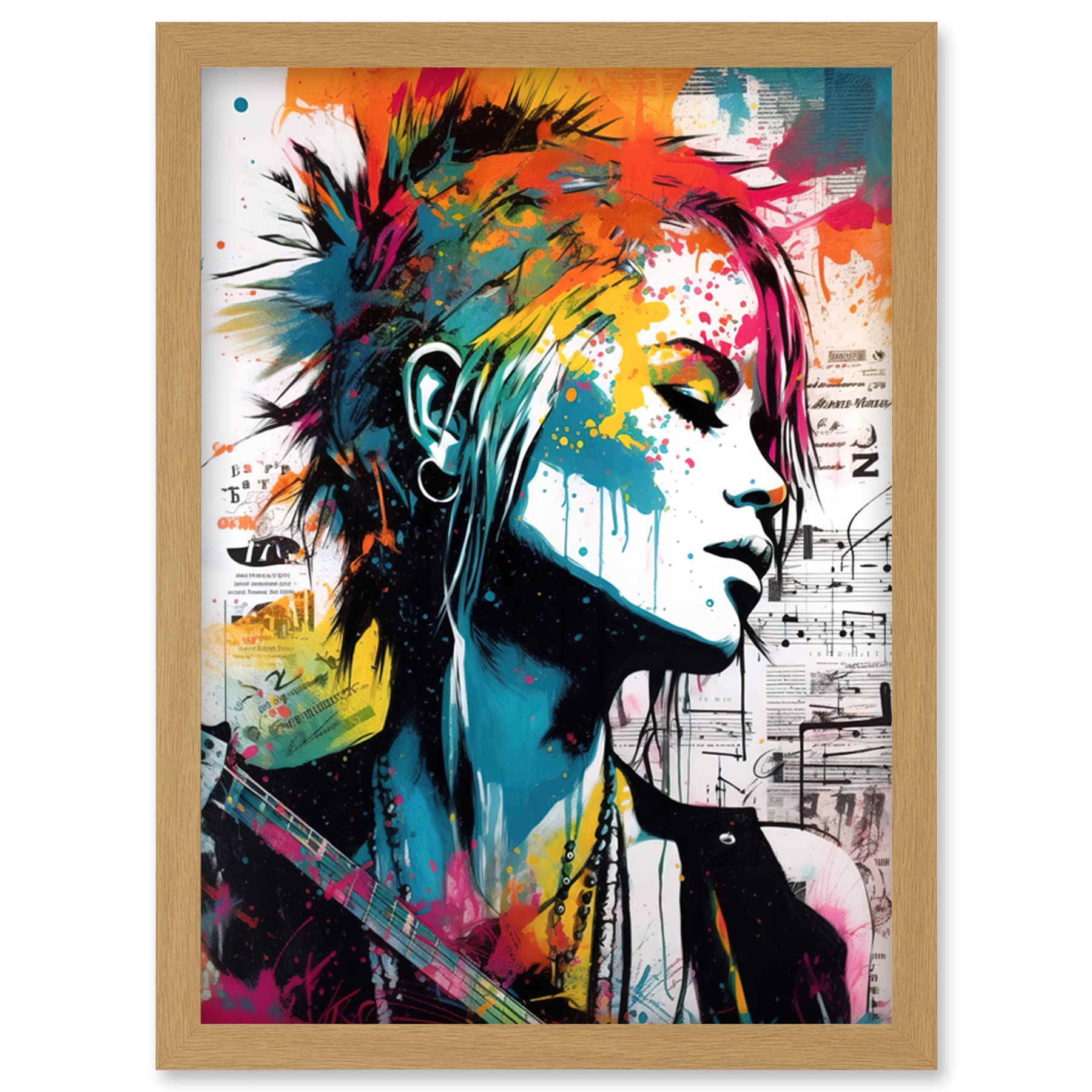 Artery8 Emo Woman Electric Guitar Sheet Music Upcycle Art Splatter Paint Modern Painting Artwork Framed Wall Art Print A4
