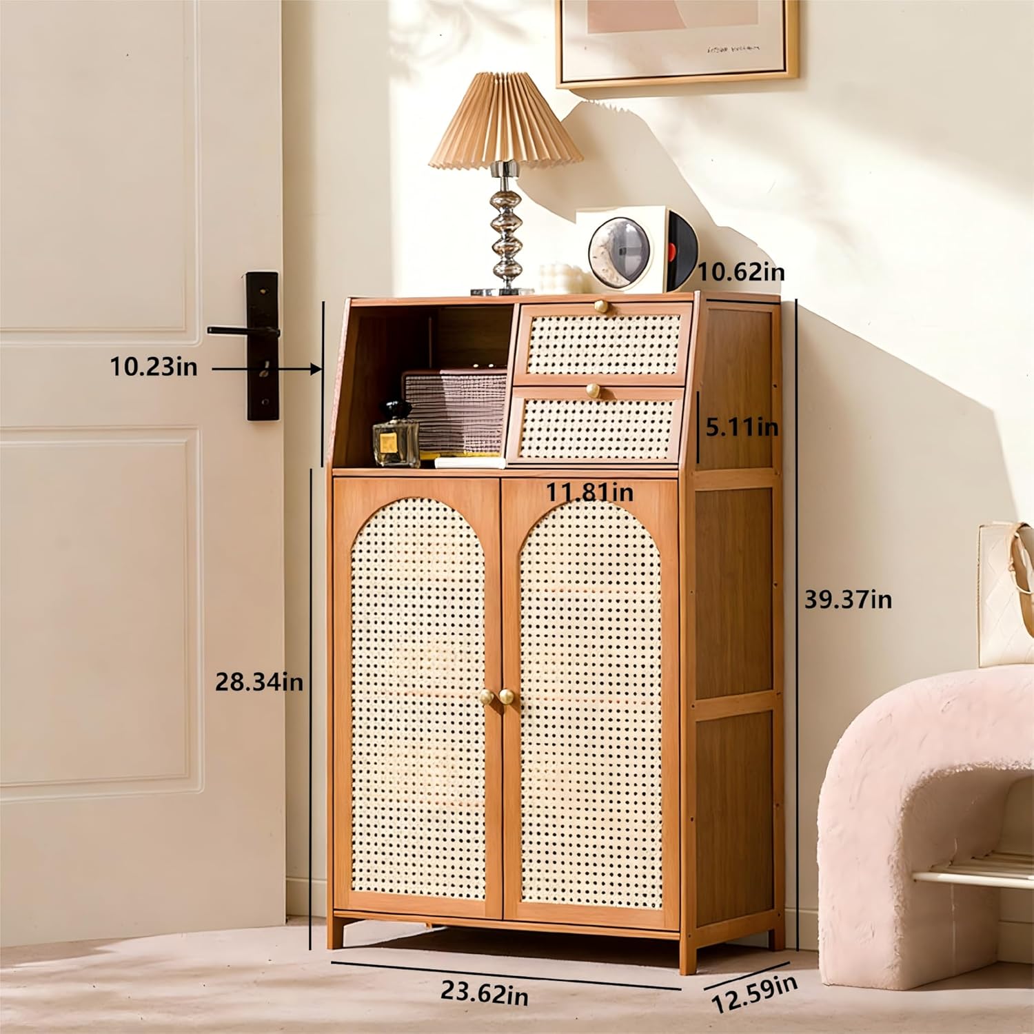 Natural Bamboo Storage Cabinet with Rattan-Style Doors, Multi-Functional Entryway Organizer with Open Shelf, Flip-Down Drawers, Dustproof Design for Shoes and Household Items (23.6in)
