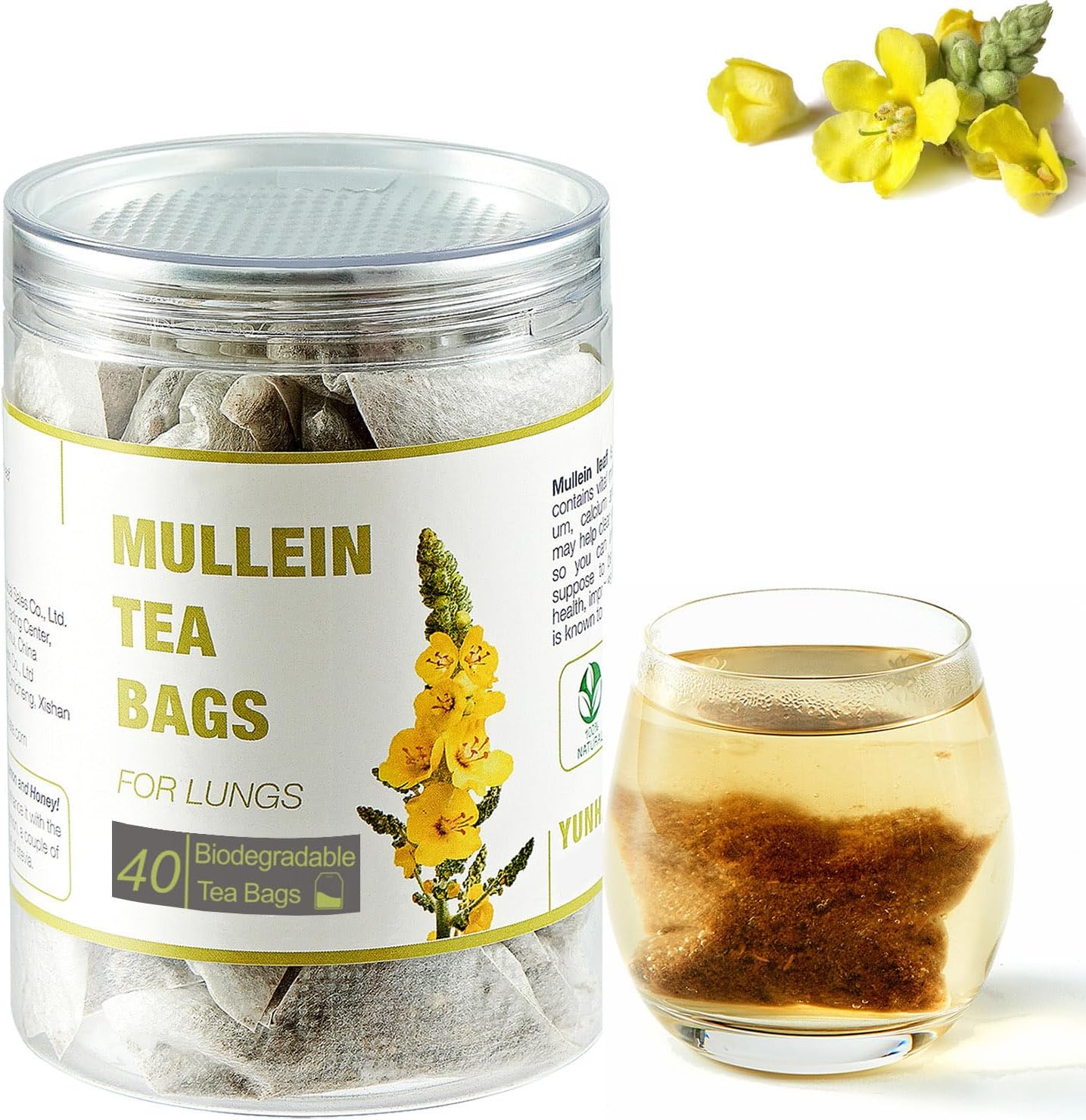 YUNHAHA 40 Bags of Dried Mullein Leaves for Lungs - Lung Detox Cleansing Tea for Smokers - Mullen Mullien Organic Herbal Tea for Easy Breath - Caffeine Free