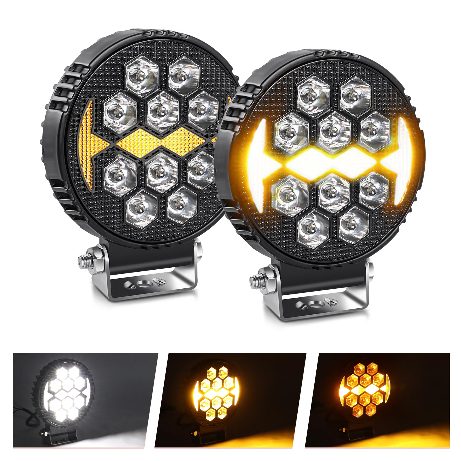 CO LIGHT 4 inch 2Pcs Round LED Work Light, Off Road Driving Fog Lamp, 12V 24V Waterproof 10000L Led Light Bar with Amber Strobe for Construction Vehicles, Off-Road Vehicles, Trucks, UTVs and ATVs