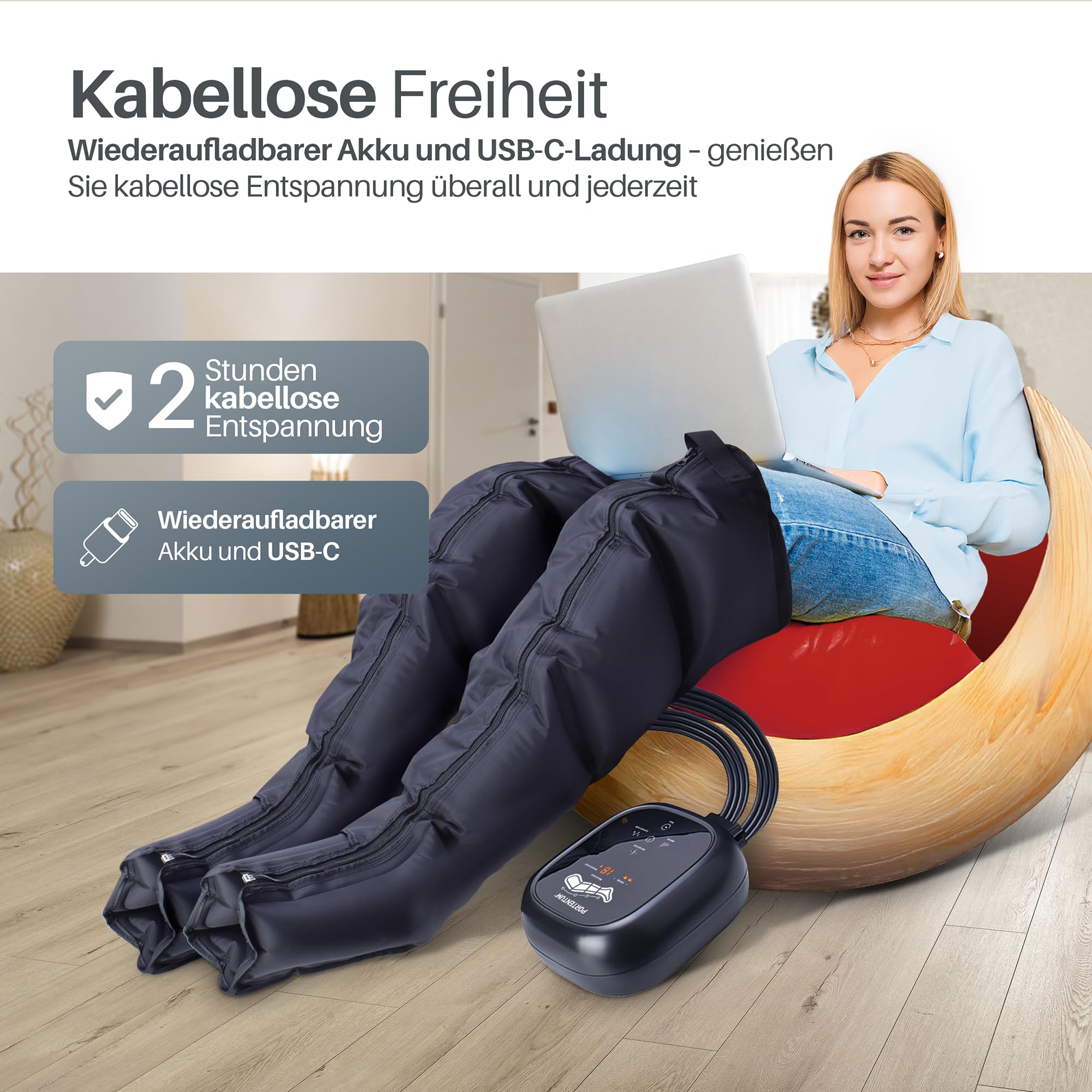 PORTENTUM Lymphdrainage gerät mit Akku – Bein Massagegerät mit 8 Modi und 3 Intensitäten – Fernbedienung mit LCD-Display – USB-C – Lindert müde Beine und fördert die Durchblutung – Tragetasche