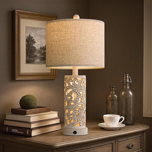 Miniatura 2 de OYEARS Juego de 2 lámparas de mesa de 22 pulgadas para sala de estar, lámpara de granja para dormitorio, lámparas de noche retro vintage con puertos