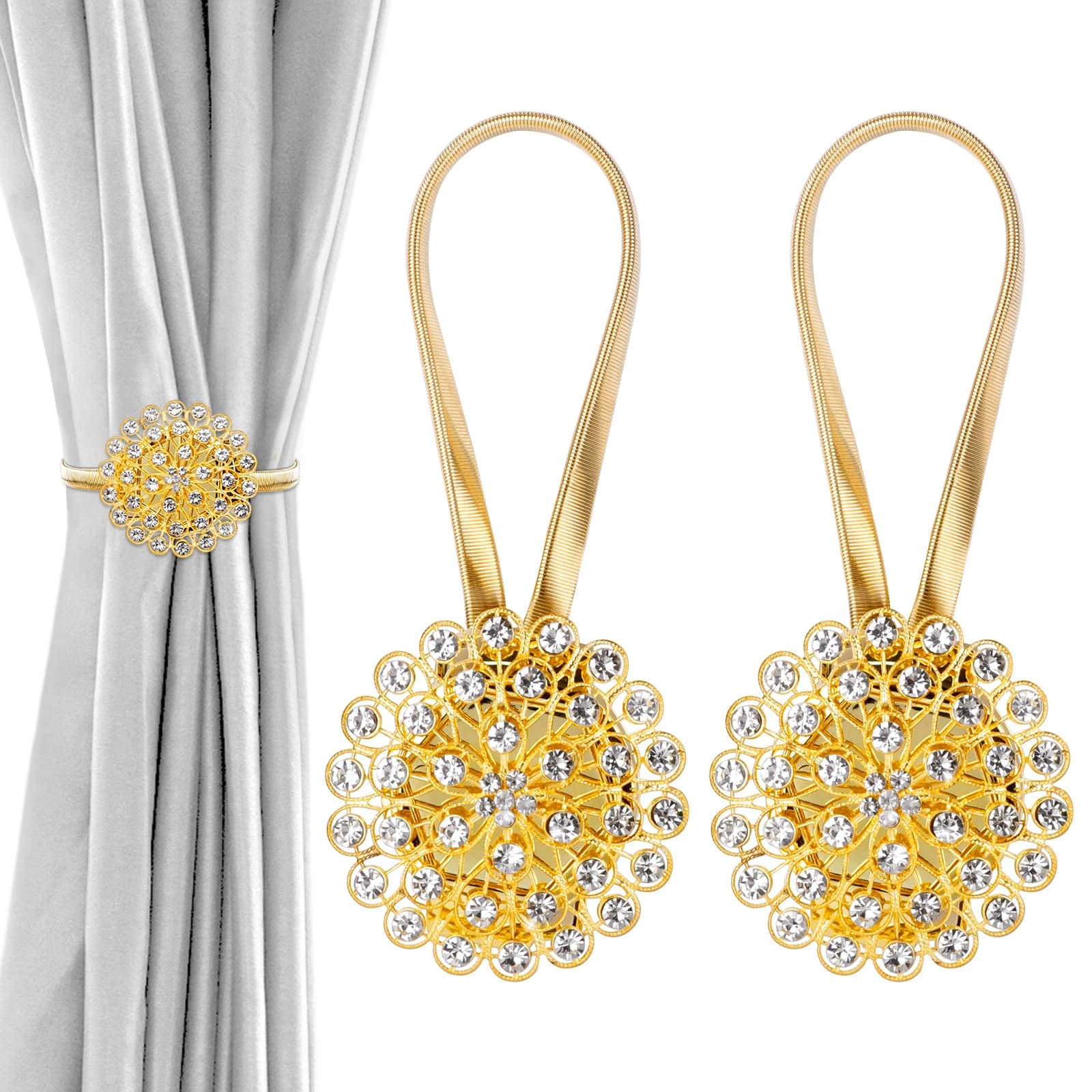 UOIXPUHUO 2Pcs Magnetic Curtain Tiebacks, Curtain Holdbacks Holders with High Stretchy Wire Rope for Drapes, Decorative Curtain Tie Backs Buckle Hooks No Drilling for Home Office Decor (Golden)