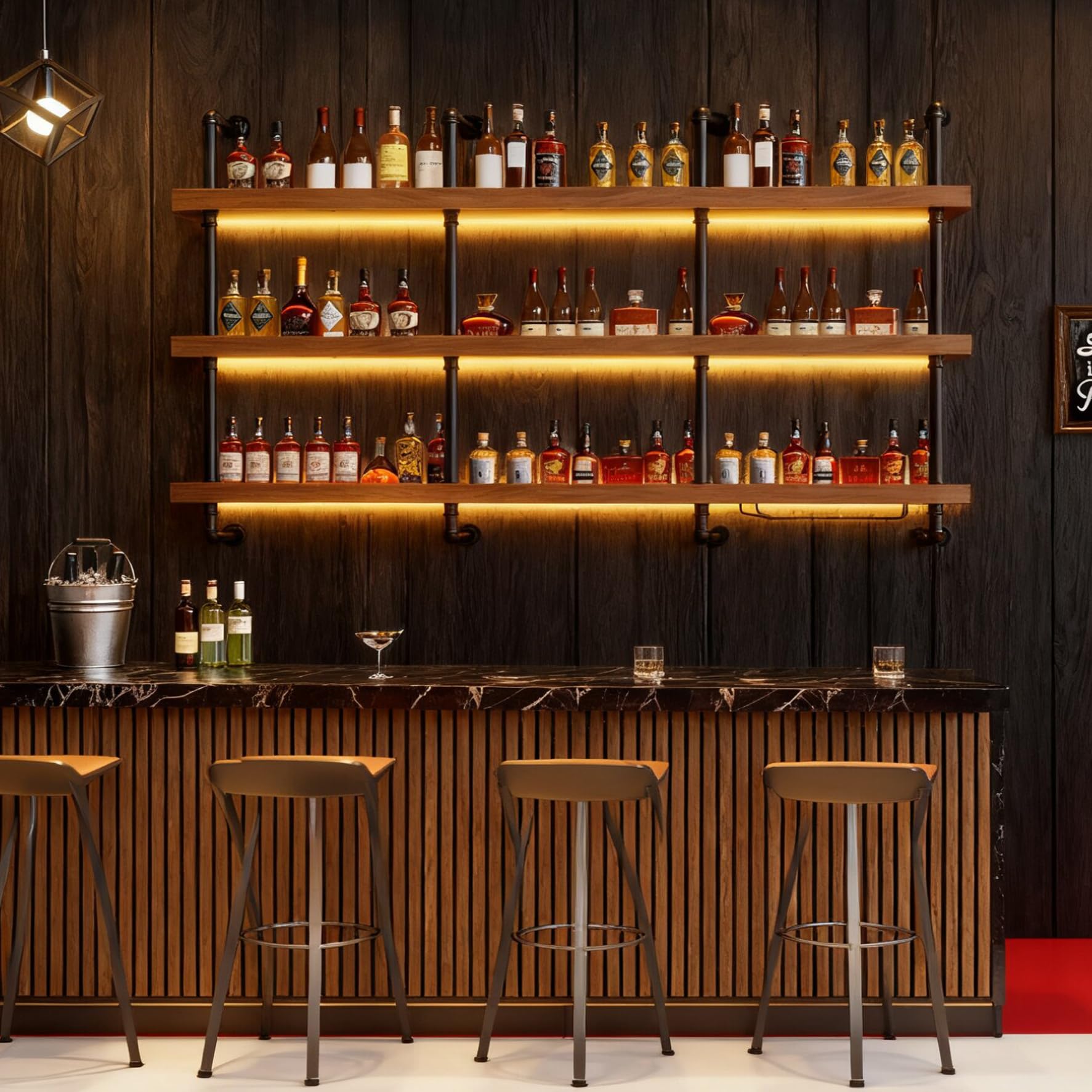 Botellero de Pared Industrial, 2 cm de Grosor Estantes demadera Maciza Botellero Vino Luz LED, Soporte Flotante para exhibición de Vino, para Cocina, Bar, Cafetería y decoración (180cm)