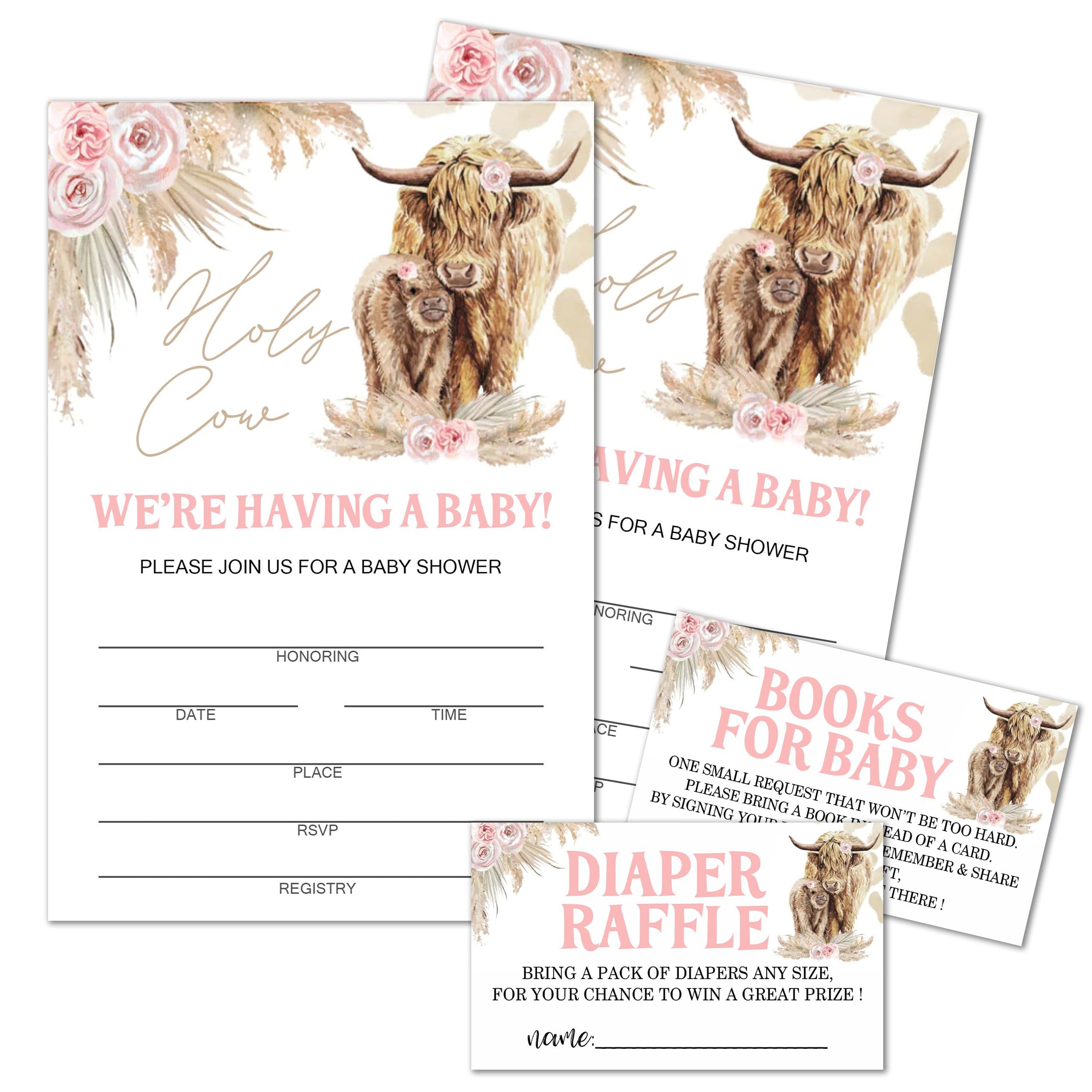 Moonle Baby Shower Invitations with Envelopes, Diaper Raffle Tickets and Baby Shower Book Request Cards, Boho Highland Cow theme babyshower party