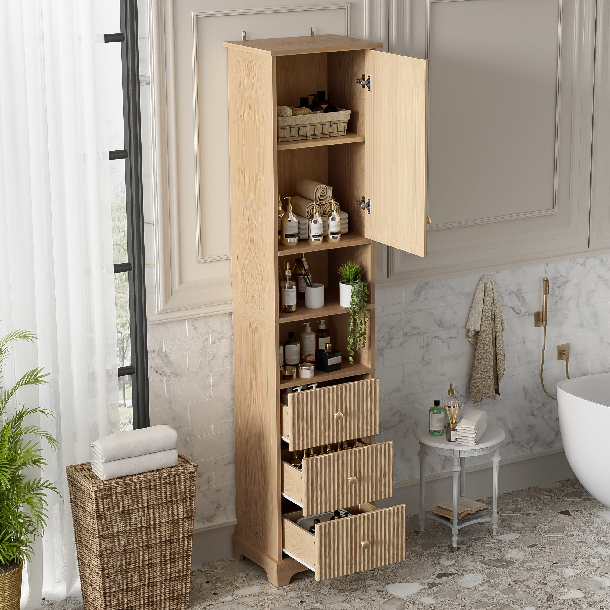 Tidyard Badezimmerschrank, 40x30x172 cm, PVC-Thermoform, vertikale Streifen, 3 Schubladen, Naturholzfarbe, für Bad, Gäste-WC, Sauna, Wellnessbereich