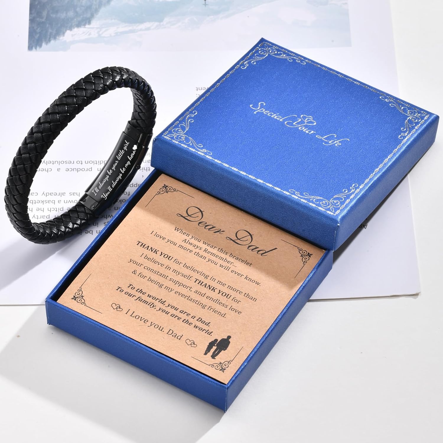 Fathers Gift for Dad Mens Leather Bracelet, Adjustable Black Braided Leather Dad Bracelet for Husband Boyfriend, Father's Day Jewelry Gifts from Daughter Wife Son, Box & Card - Image 2