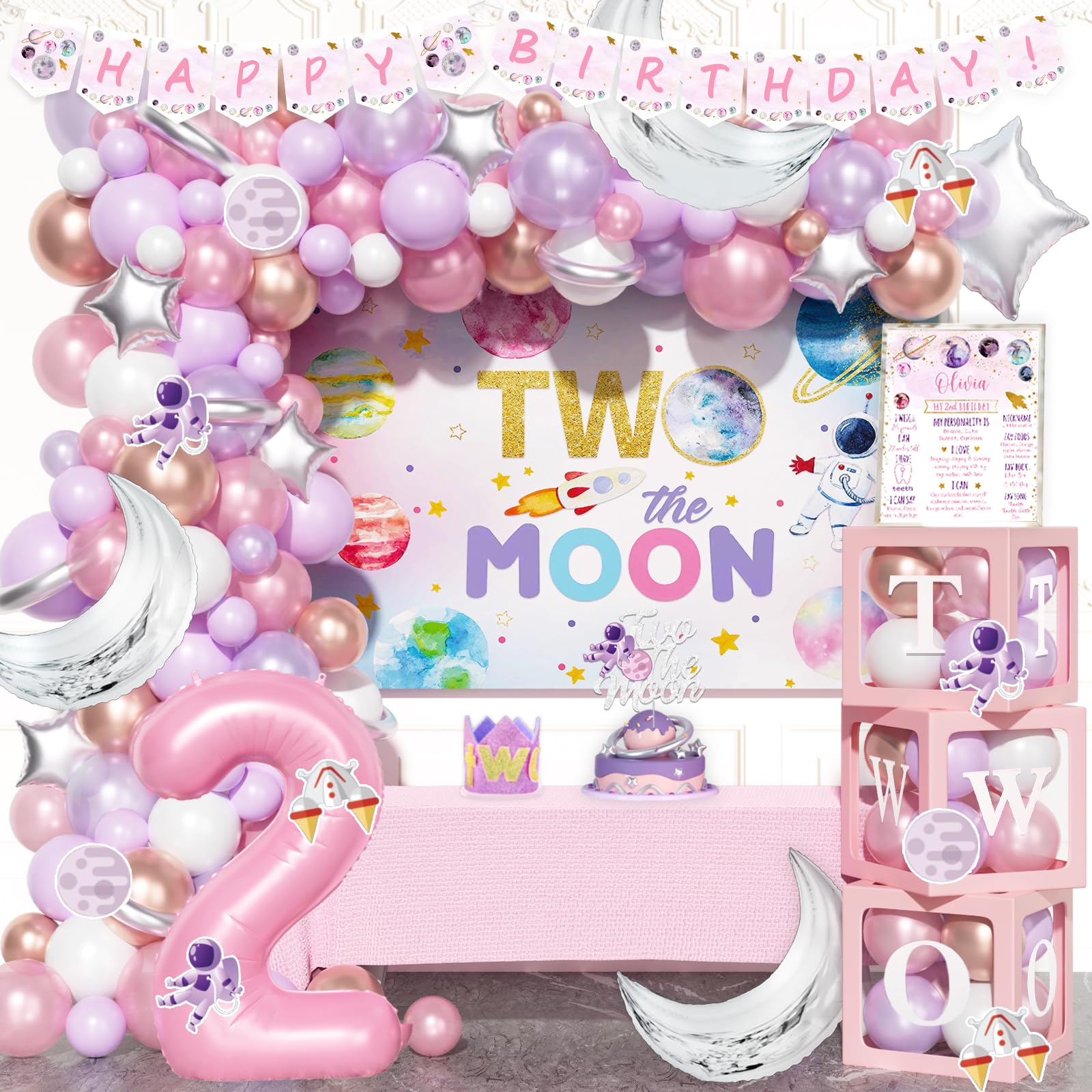 Fiesec Two The Moon Birthday Decorations Girl, 136 PCs Outer Space 2nd Party Decorations Backdrop Balloon Garland Arch Banner Cake Topper Box Cutout