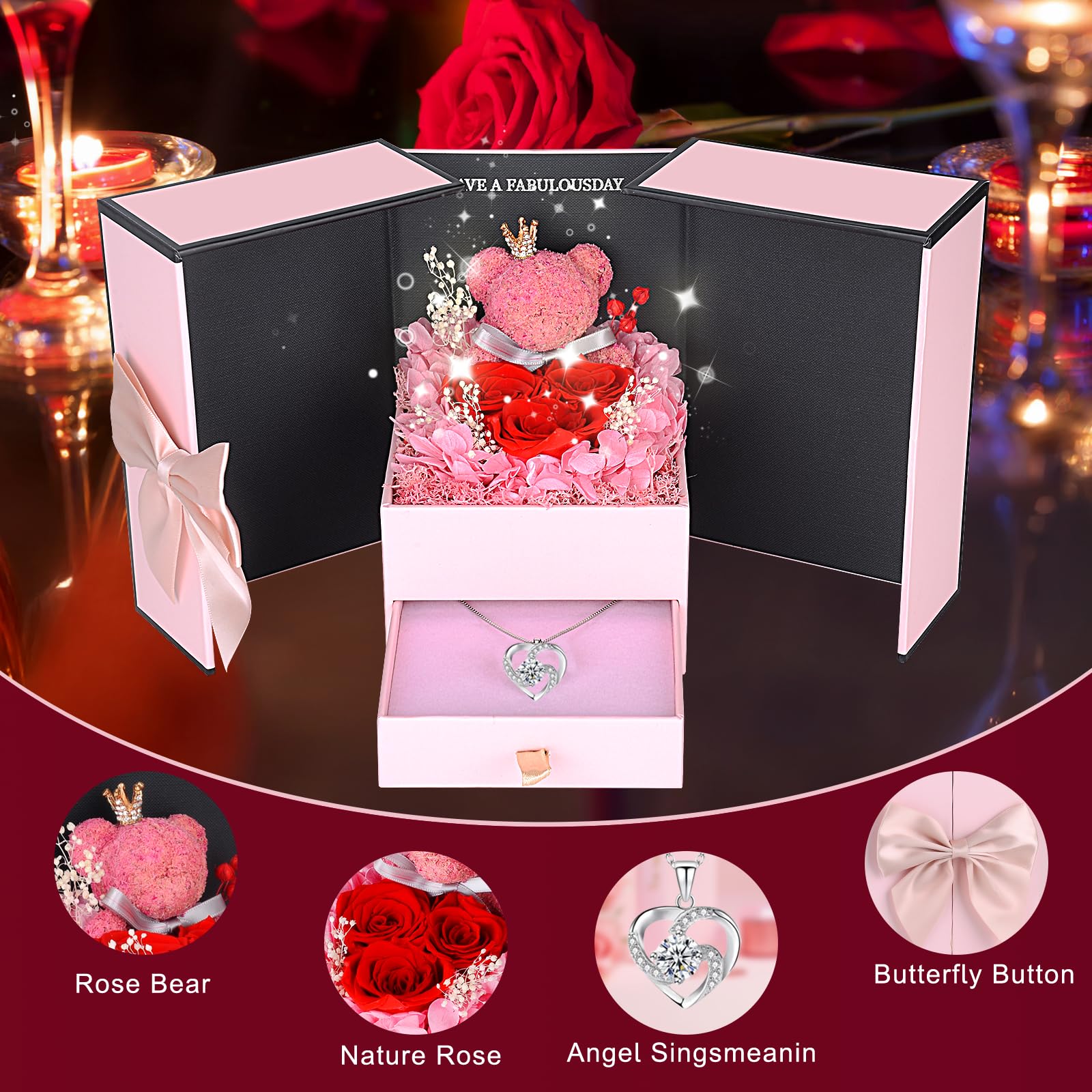 Rosa Eterna con Oso de Musgo,Rosa Eterna Natural Preservada con Collar Regalos Originales para Mujer Mama Novia Caja Regalo San Valentin,Dia de la Madre,Aniversario,Cumpleaños,Navidad