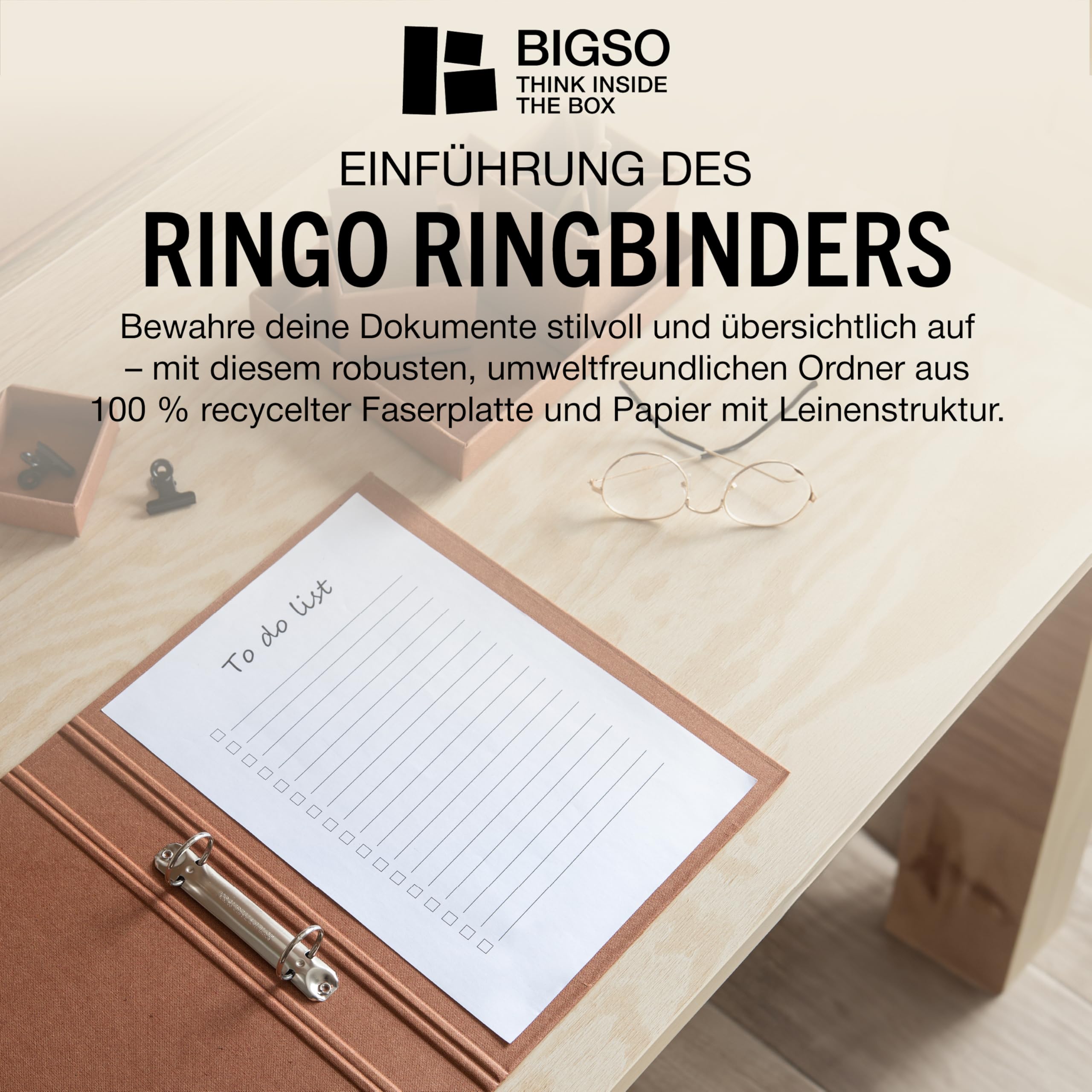 BIGSO RINGO segregator z 2 pierścieniami – wąski segregator ze 100% płyty pilśniowej z recyklingu i papieru o wyglądzie lnu, skoroszyt do dokumentów, przezroczystych koszulek lub przekładek – sienna