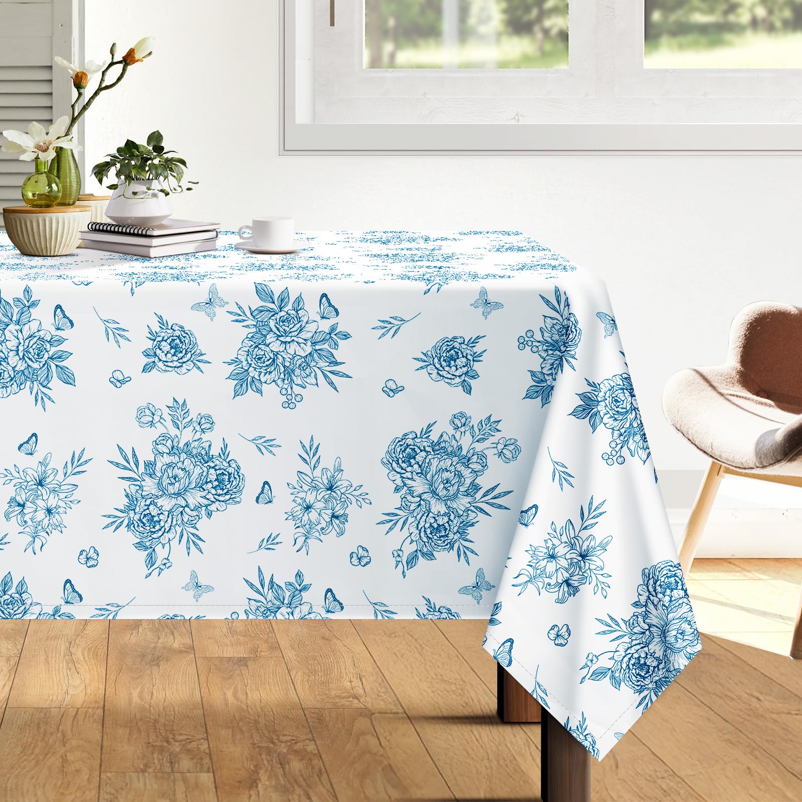 Arquiel Rustic Blue Floral Tablecloth Waterproof, Watercolor Flower Table Cloth Rectangle Stain Resistant