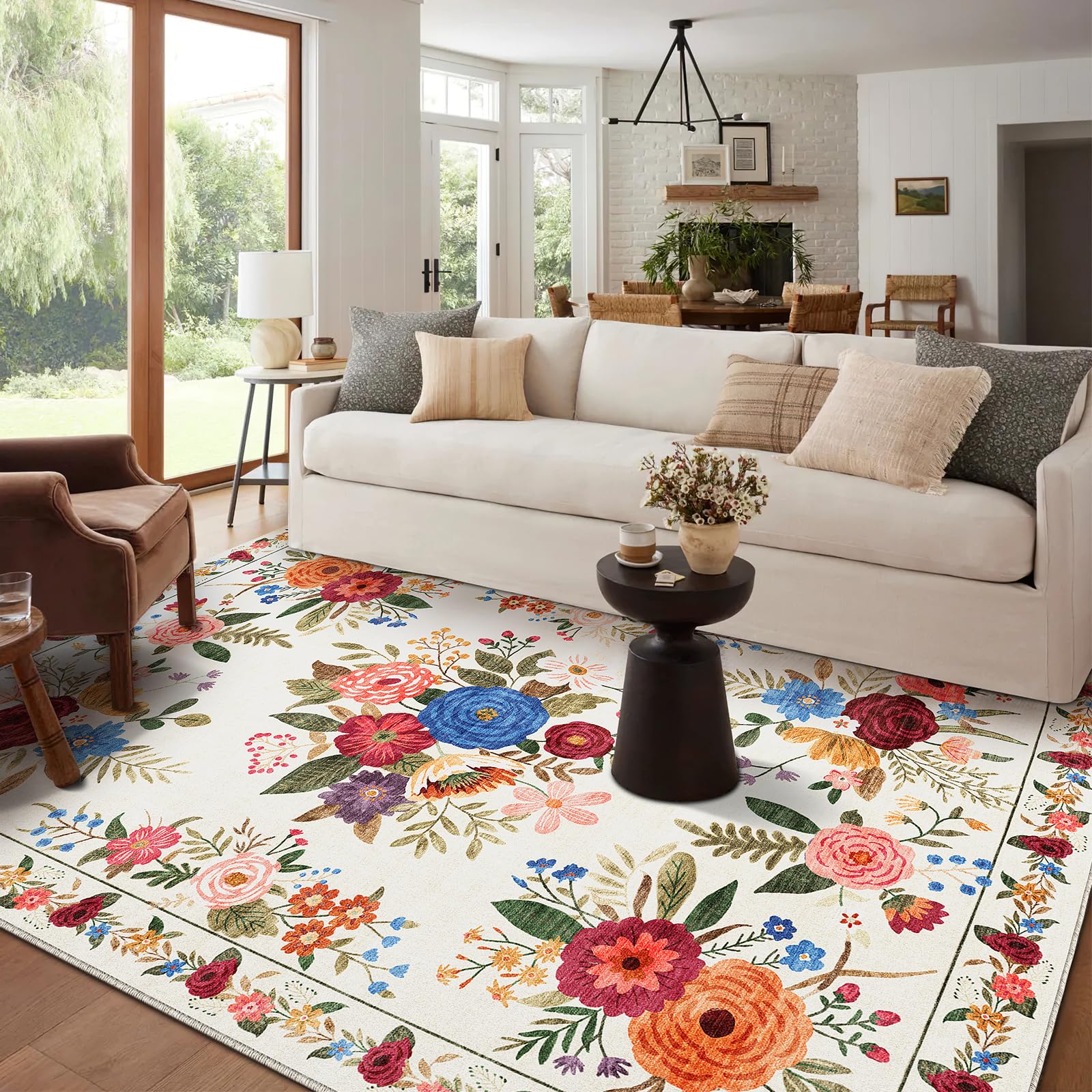 BYBSRLL Large Vintage Floral Machine Washable Rug for Living Room, 160x230cm Non-Slip & Non-Shedding Low Pile Area Carpet, Boho Style Soft Rug for Bedroom, Nursery, Kitchen, Entryway, Lounge, Beige