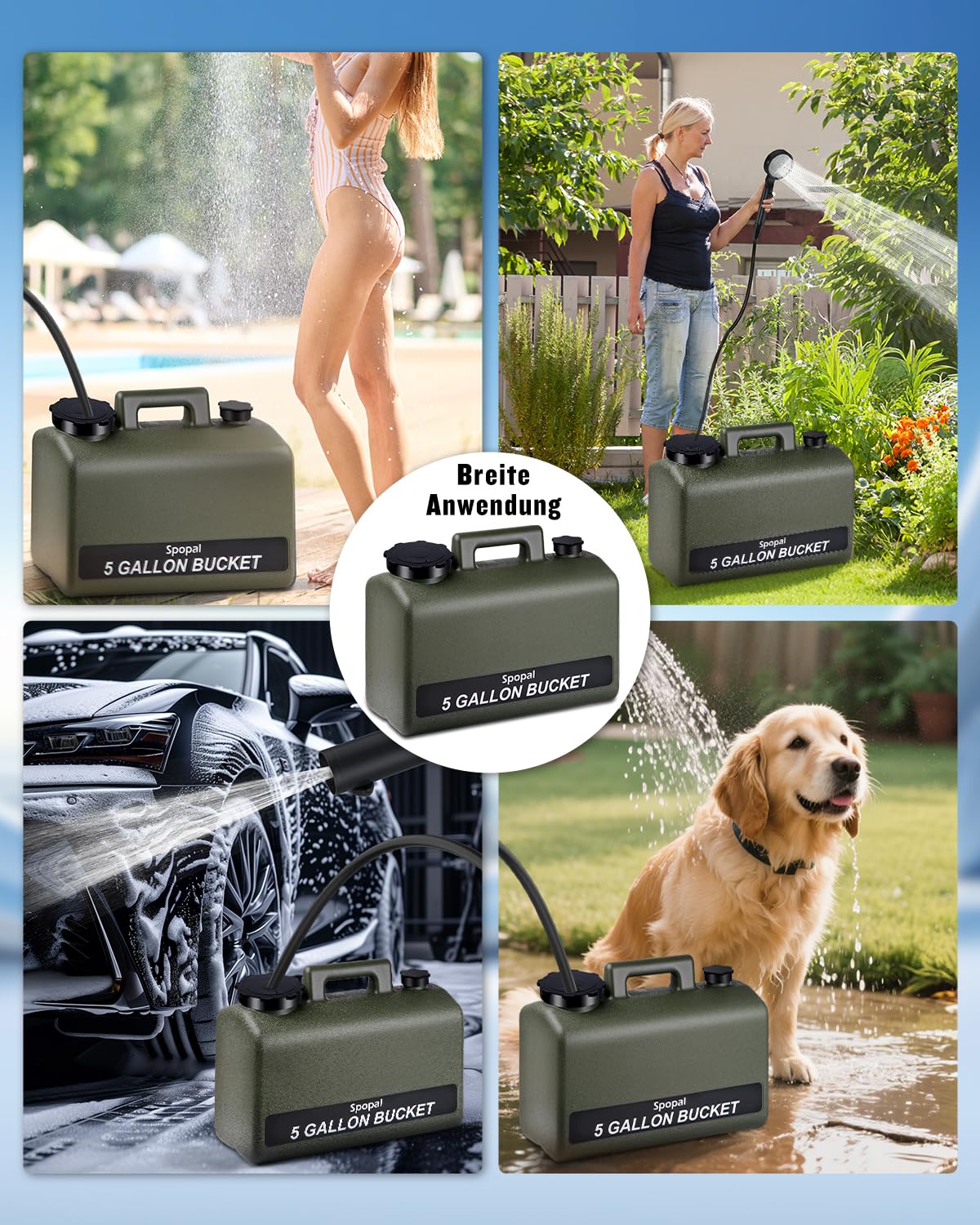 Spopal Camping Dusche 10000mAh Tragbare mit 20L Wasserkanister Akku Outdoor Set Duschkopf 2m Schlauch