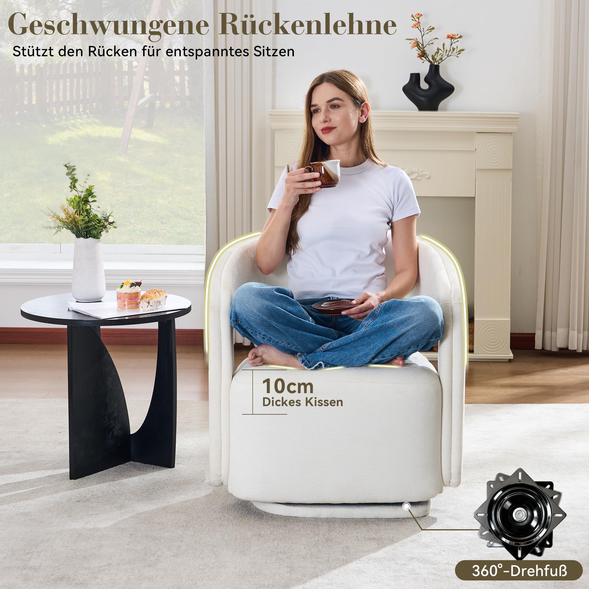 DEKKETO 360° Drehbarer Polstersessel, Chenille Lounge Sessel mit Großer Sitzfläche und Geschwungener Rückenlehne, Moderner Drehsessel für Wohnzimmer, Schlafzimmer, Weiß