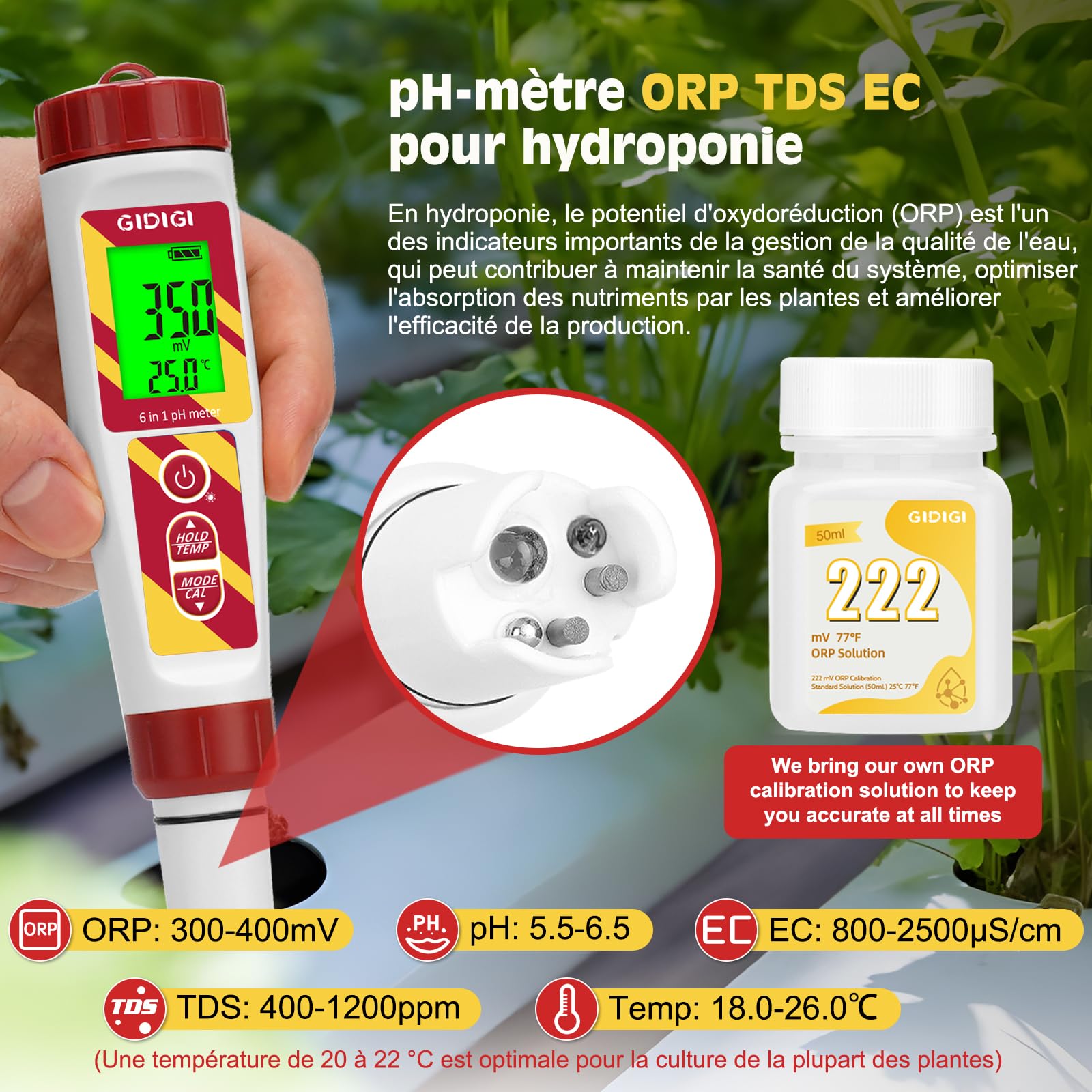 Testeur numérique de qualité de l'eau 6 en 1 pour piscines et hydroponiques, pH/ORP/TDS/EC/salinité/température avec solution d'étalonnage ORP pour aquariums, eau potable, brassage