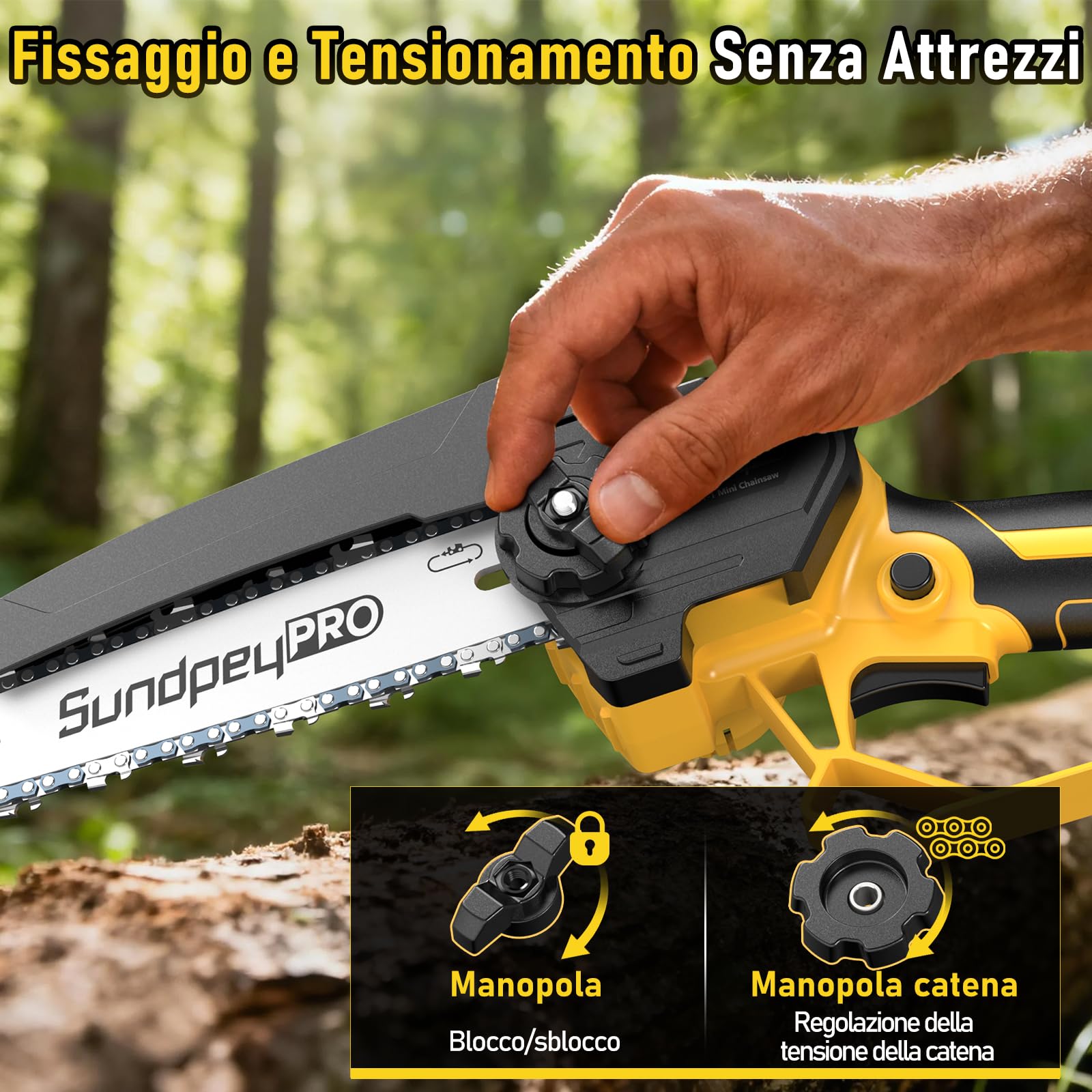 Mini Motosega a Batteria 8/6 Pollici - Brushless Mini Sega a Batteria da 2*2.0Ah per Potatura, Lubrificazione Automatica, Tensione Catena Senza Attrezzi, 900W, Motosega Elettrica per Taglio di Legno