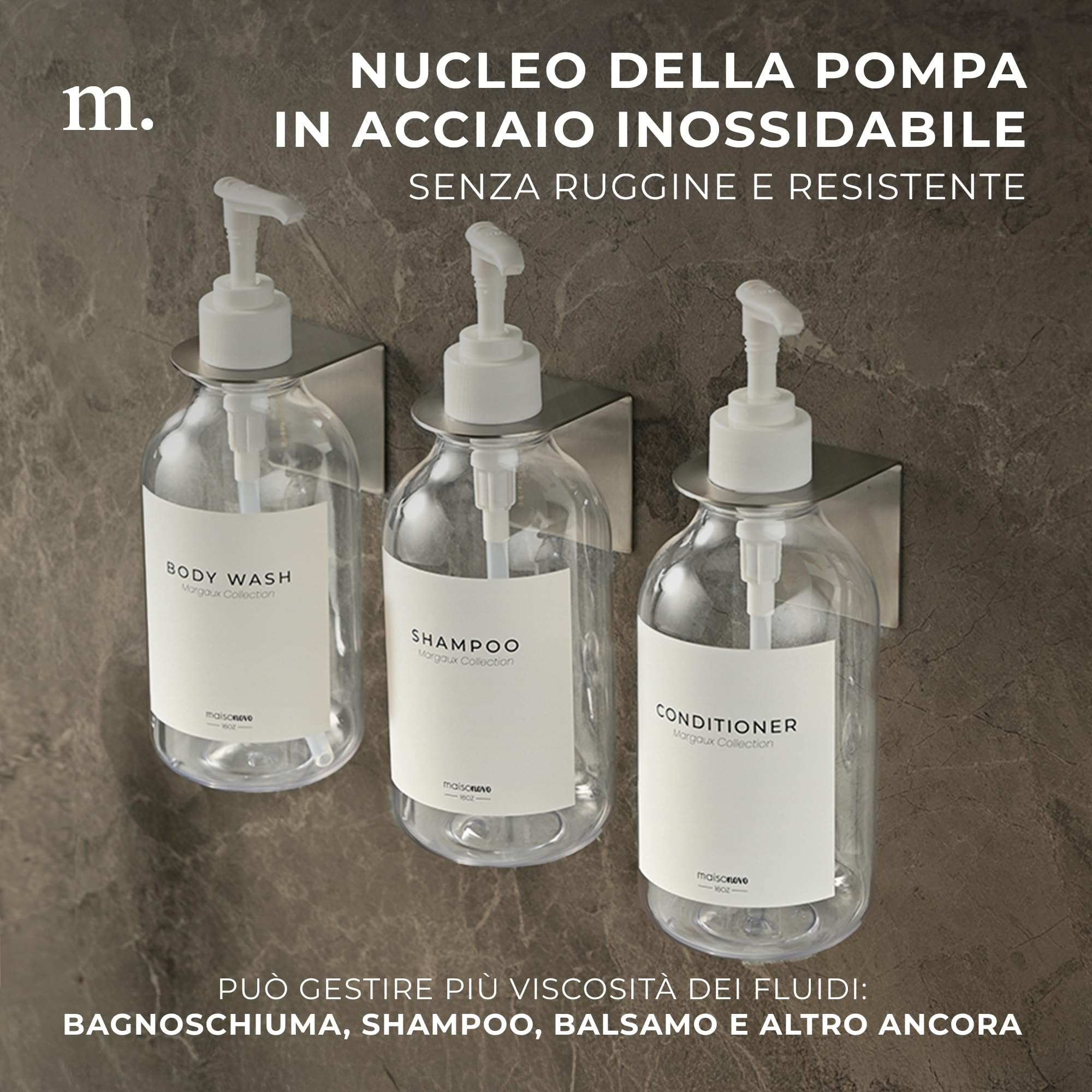 Set Dispenser Shampoo MaisoNovo - 3 Flaconi Da 500ml In Plastica Ambrata Con Pompette Nere - Foto 7