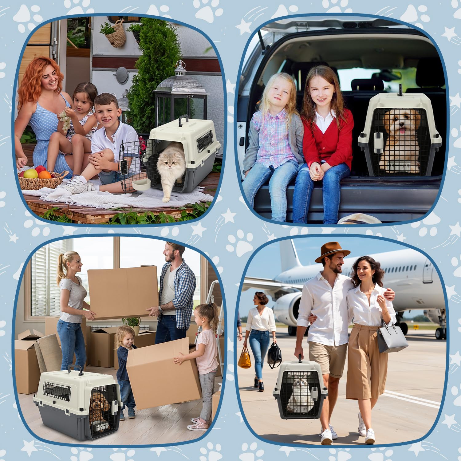 Haustier Luftkoffer Hund und Katze spezielle Transportkoffer PP Kunststoff Tür und Fenster mit Handgriff 60,4*42*39,8cm Haustier Transportkoffer mit Windeln und hängenden Schüsseln Grau Weiß