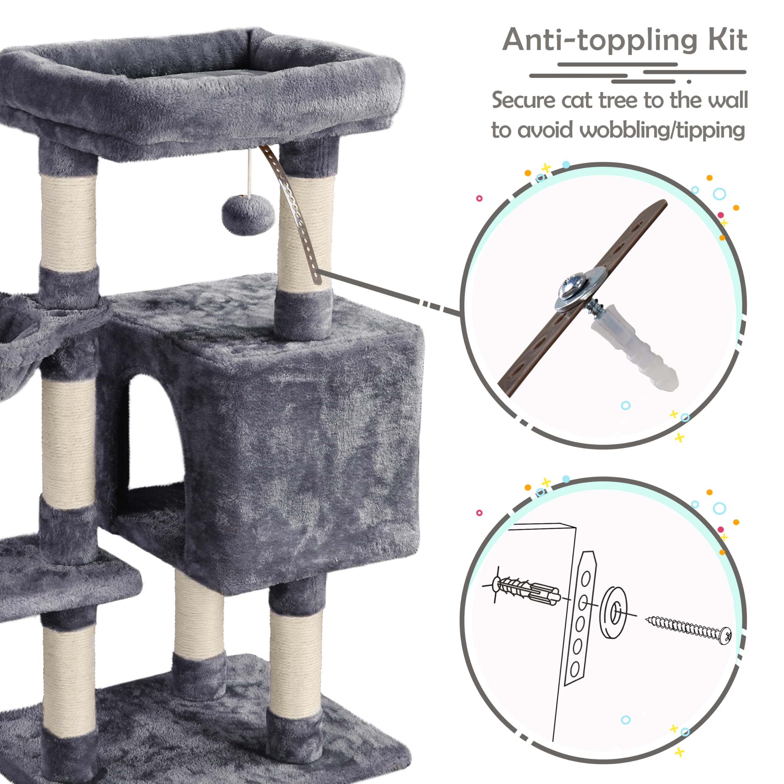 Yaheetech Albero Tiragraffi per Gatti Gattini in Corda Sisal Graffiatoio con Palla 80 x 39,5 x 96 cm Grigio Scuro