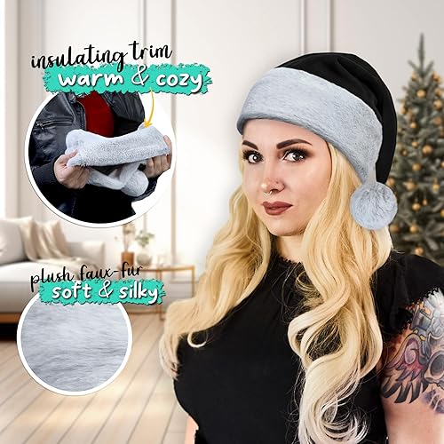 Miniatura 2 de Sombrero de Papá Noel negro, ribete peludo de lujo gris y blanco, piel de zorro sintética, gorro gótico de lujo para Navidad, adulto, 1 talla