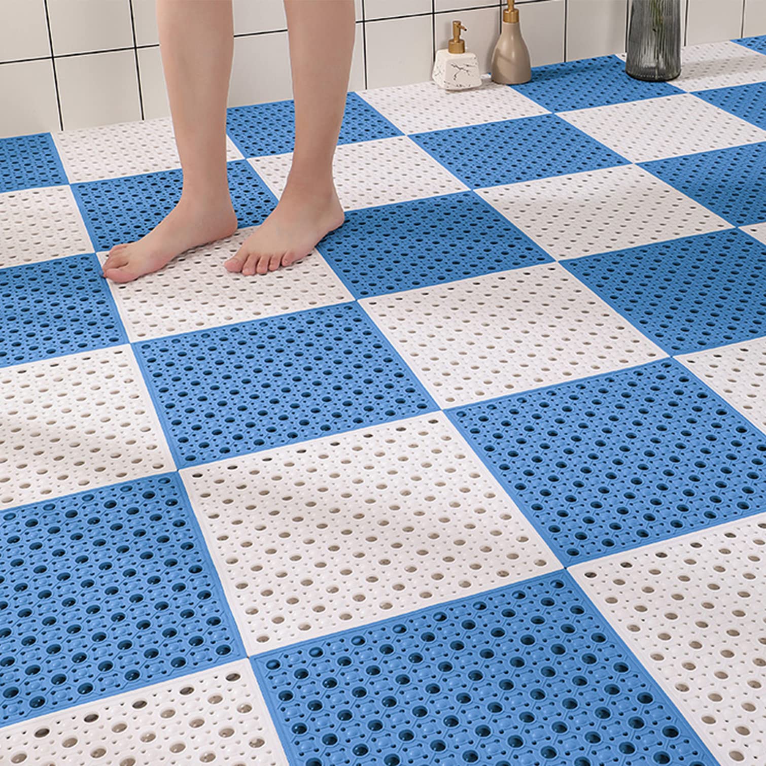 Lot de 10 tapis de bain antidérapants à ventouse - Couleurs variées - Idéal pour la sécurité et le style dans la salle de bain - Bleu et blanc