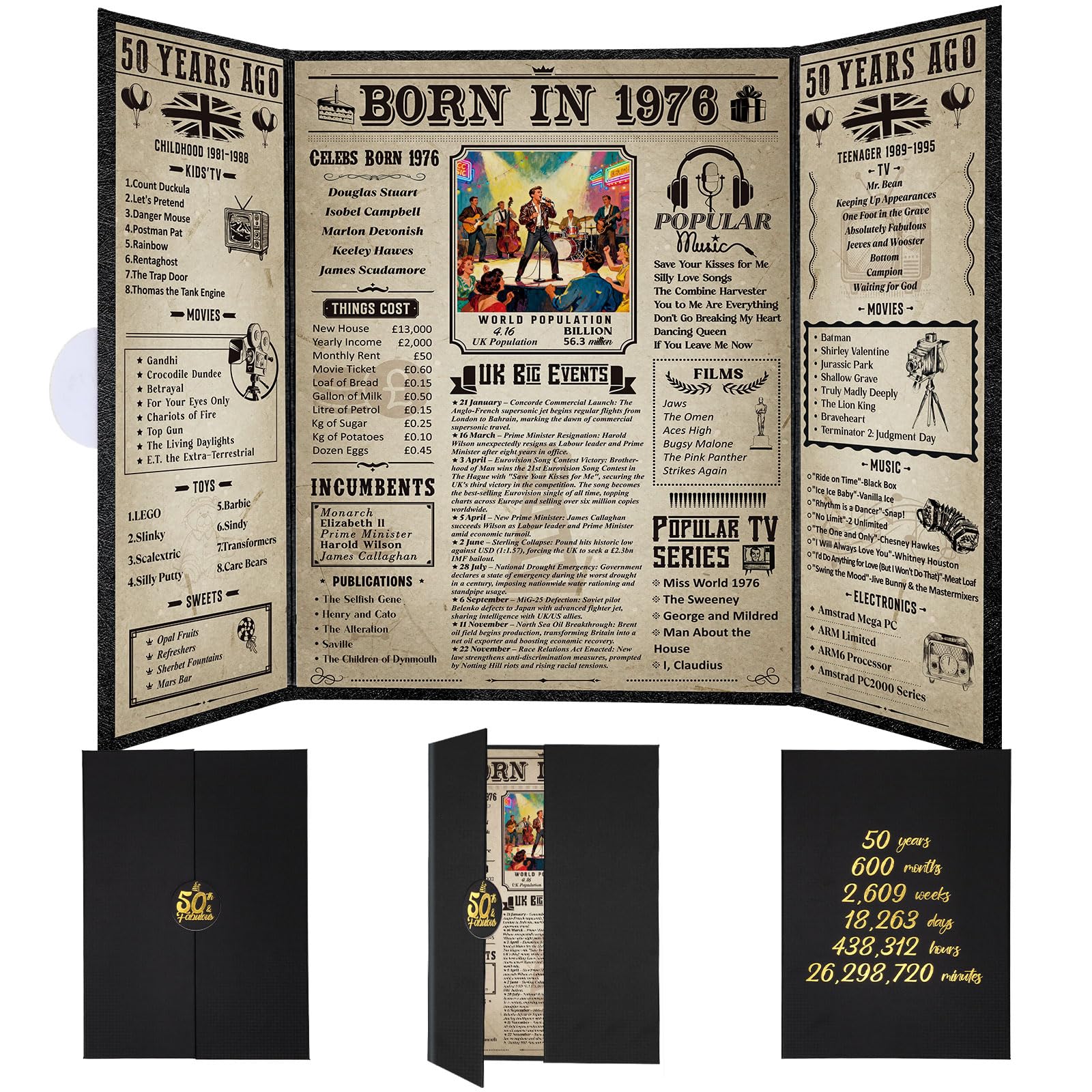 Thboxes Born In 1976 UK Birthday Poster,50th Birthday Gifts for Men Women Vintage Foldable Born In 1976 Newspaper, Happy 50th Decorations Supplies for 50 Years Old Husband Wife Brother Friends