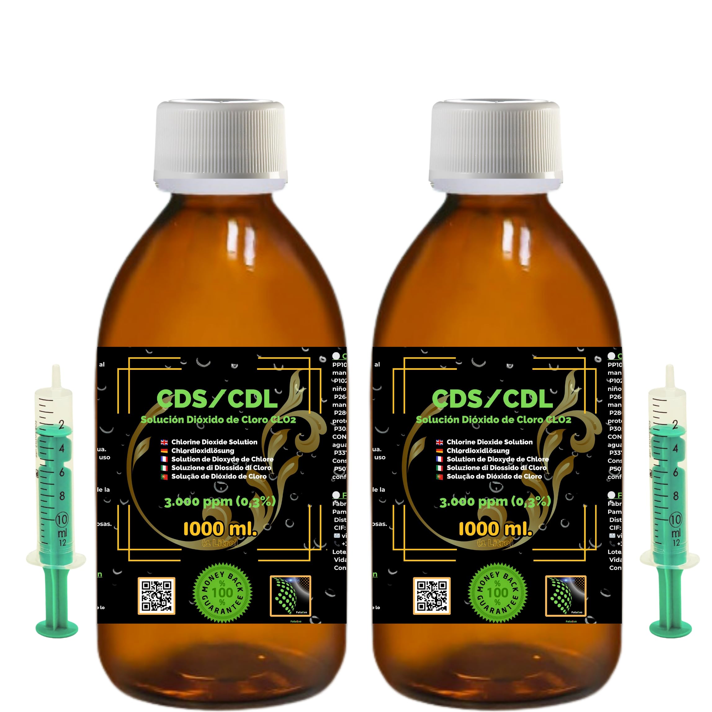 CDS/CDL 3 000 ppm 2 x 1 000 ml - (2 litres) | Solution de dioxyde de chlore dans une bouteille en verre ambre avec bouchon de sécurité et compte-gouttes | Haute pureté | Distributeur cadeau