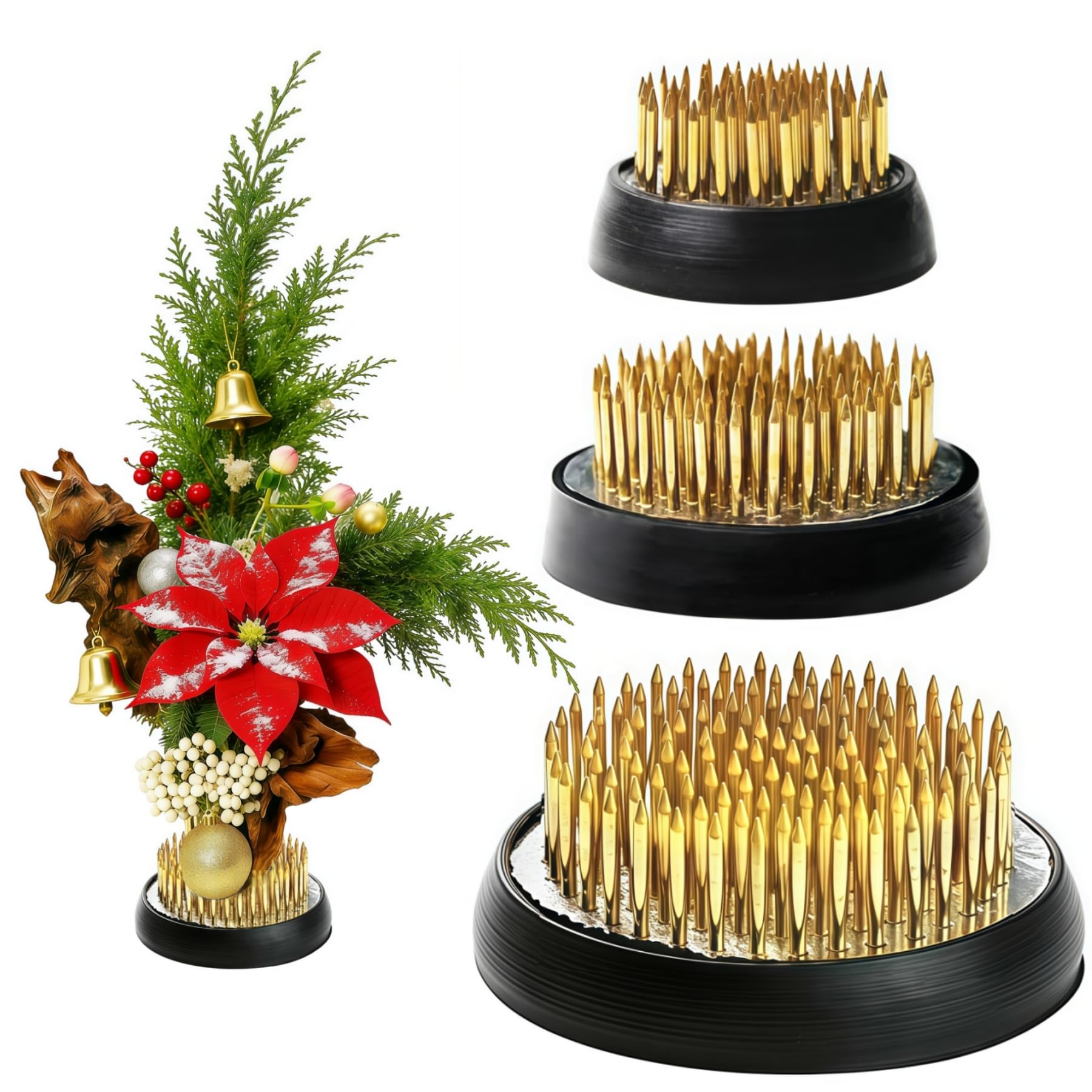 3 Pcs Flower Frogs for Flower Arrangements Supplies, Japanese Flower Arranging Ikebana Kenzan, Pin Frogs for Flowers Holder with Rubber Base Flower Fixed Tools(Gold, 1.3 Inch, 1.57 Inch, 1.97 Inch)