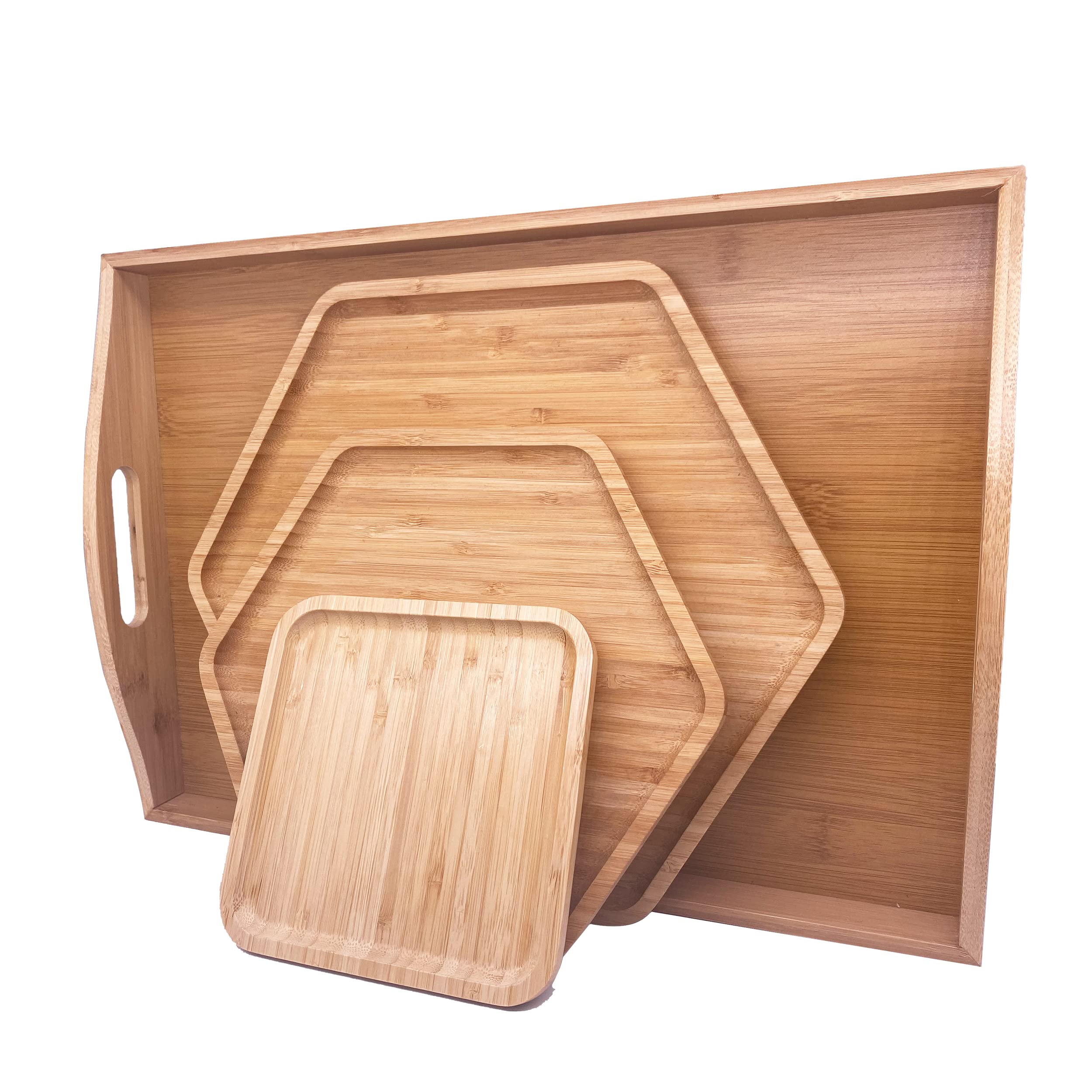 PAFREWOG Bamboo Serving Trays Dinner Plates Cheese Board 16.5"x11.8"ï¼ˆ42x30cm with Handle, Set Includes 1xHexagon 12.5"(32cm)+1xHexagon 9.8"(25cm)+1xSquare 5.9"(15cm) Plates for Family Dinner
