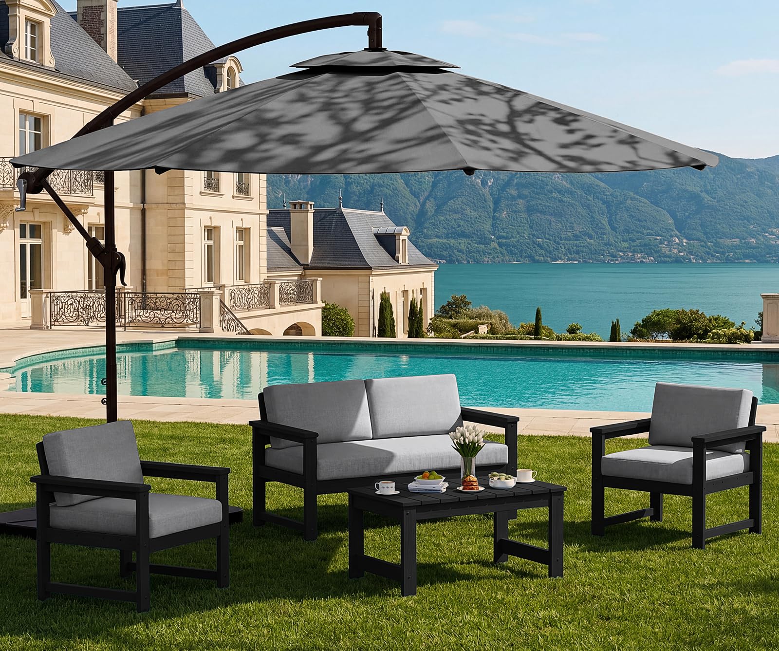 SERWALL 4 Pieces HDPE Outdoor Loveseat Sofa Set with 10FT Patio Umbrella