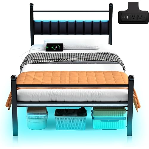 Twin Bed Frames with Charging Station & LED Lights - Metal Platform Bed Frame with Under Bed Storage - Heavy Duty Steel Slats/Upholstered Headboard/Noise-Free/No Box Spring Needed/Easy Assembly/Black