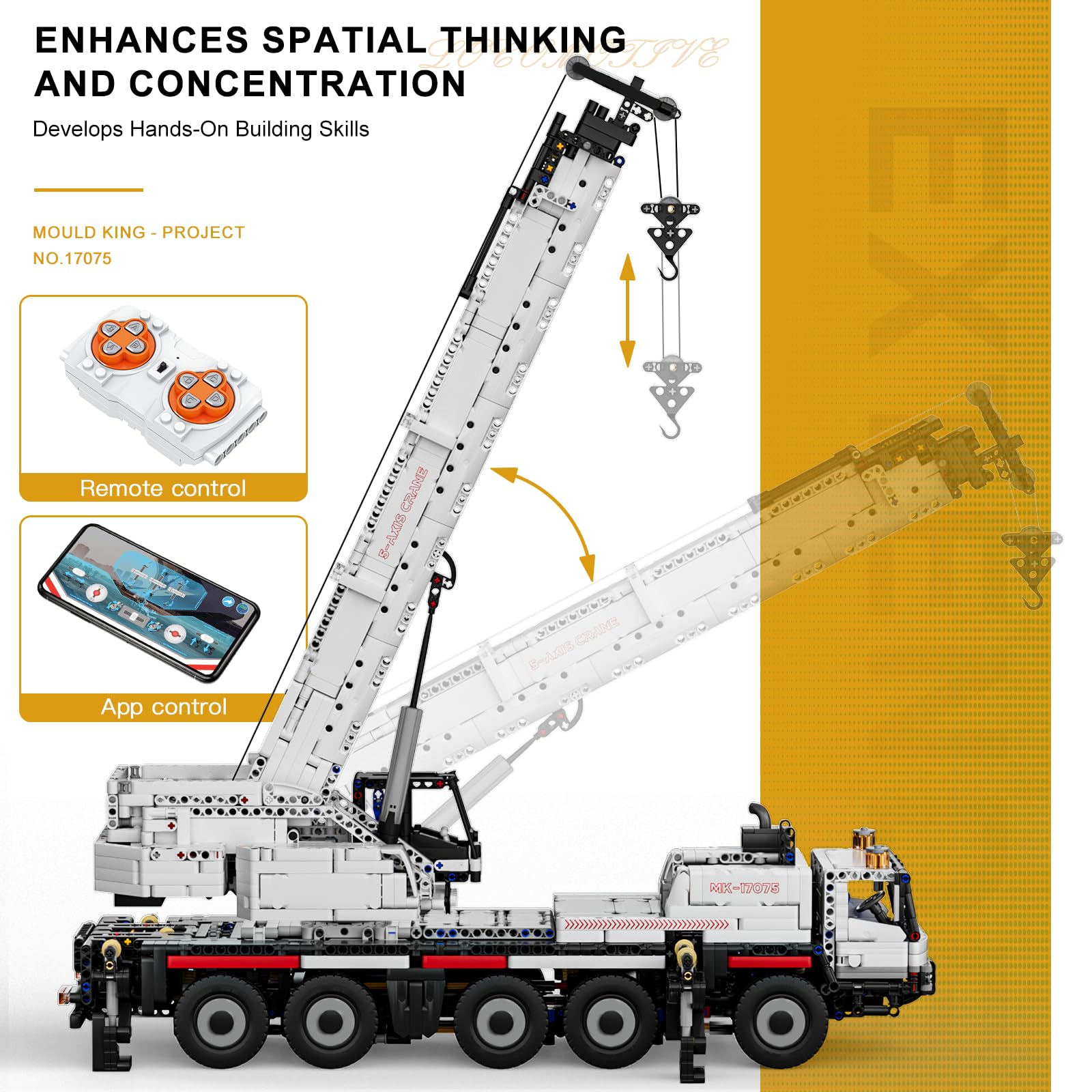 Mould King Technik Kran, APP und ferngesteuertes motorisiertes Kranmodell, 17075 High-Tech motorisiertes LKW-Modell, Bausatz für Erwachsener und Jungen ab 14 Jahren, (3248 Teile)