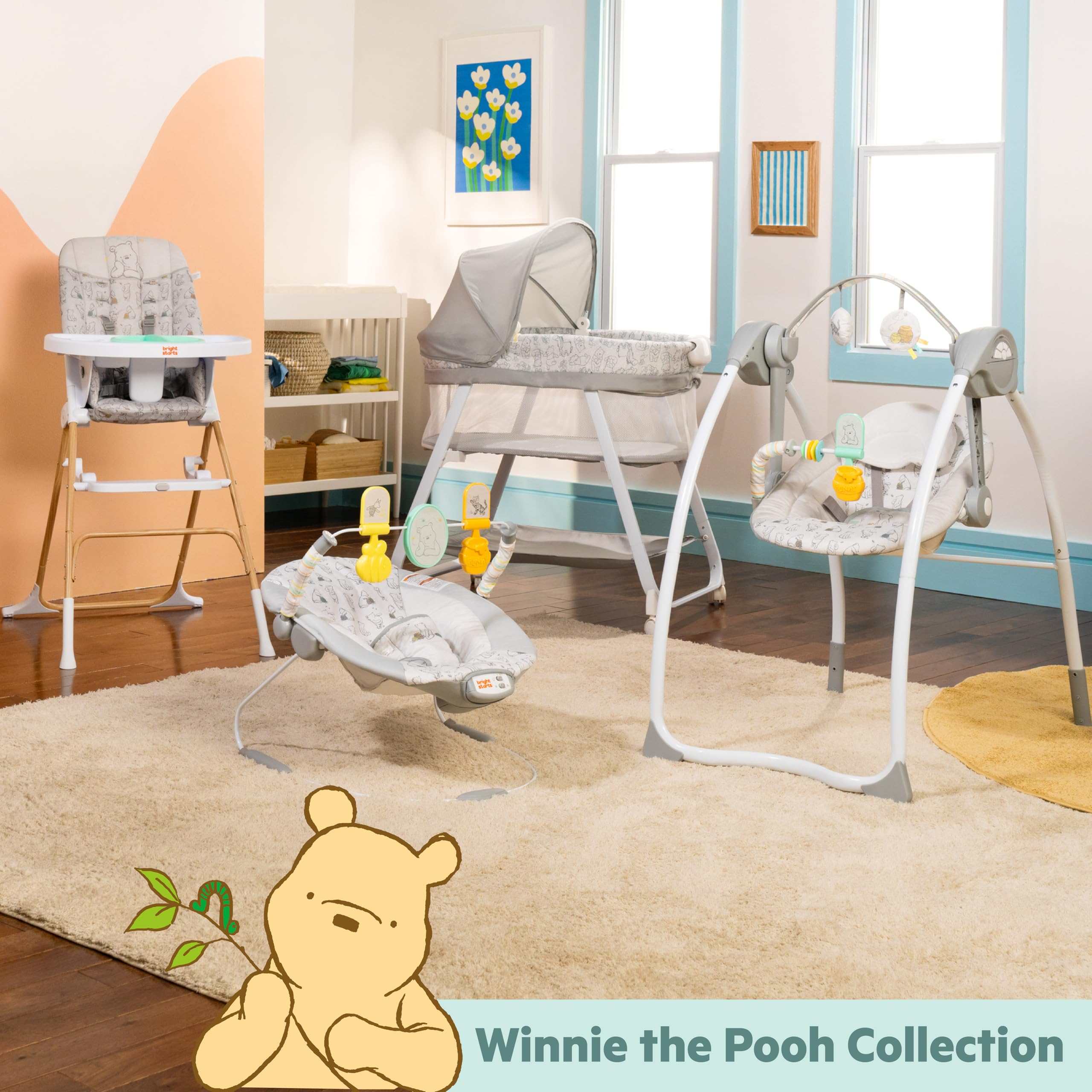 Bright Starts y Disney Baby, Trona Compacta y Plegable con Temática de Winnie the Pooh, Plato Apto para Alimentos, Arnés de 5 Puntos, Unisex, Patrón Classic Pals, Para Bebés a Partir de 6 Meses