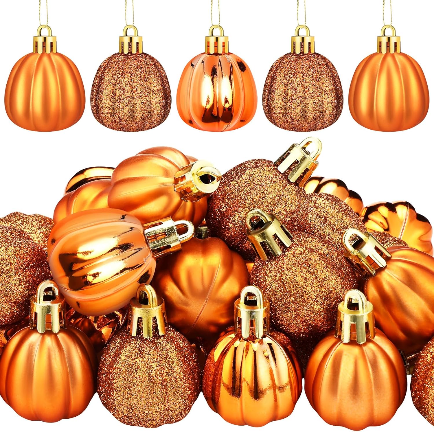 36 Pcs Fall Pumpkin Hanging Ornament Thanksgiving Tree Decorations Mini Pumpkin Ball Decorations Farmhouse Fall Ornaments for Small Tree for Autumn Thanksgiving Halloween Christmas(Gold)