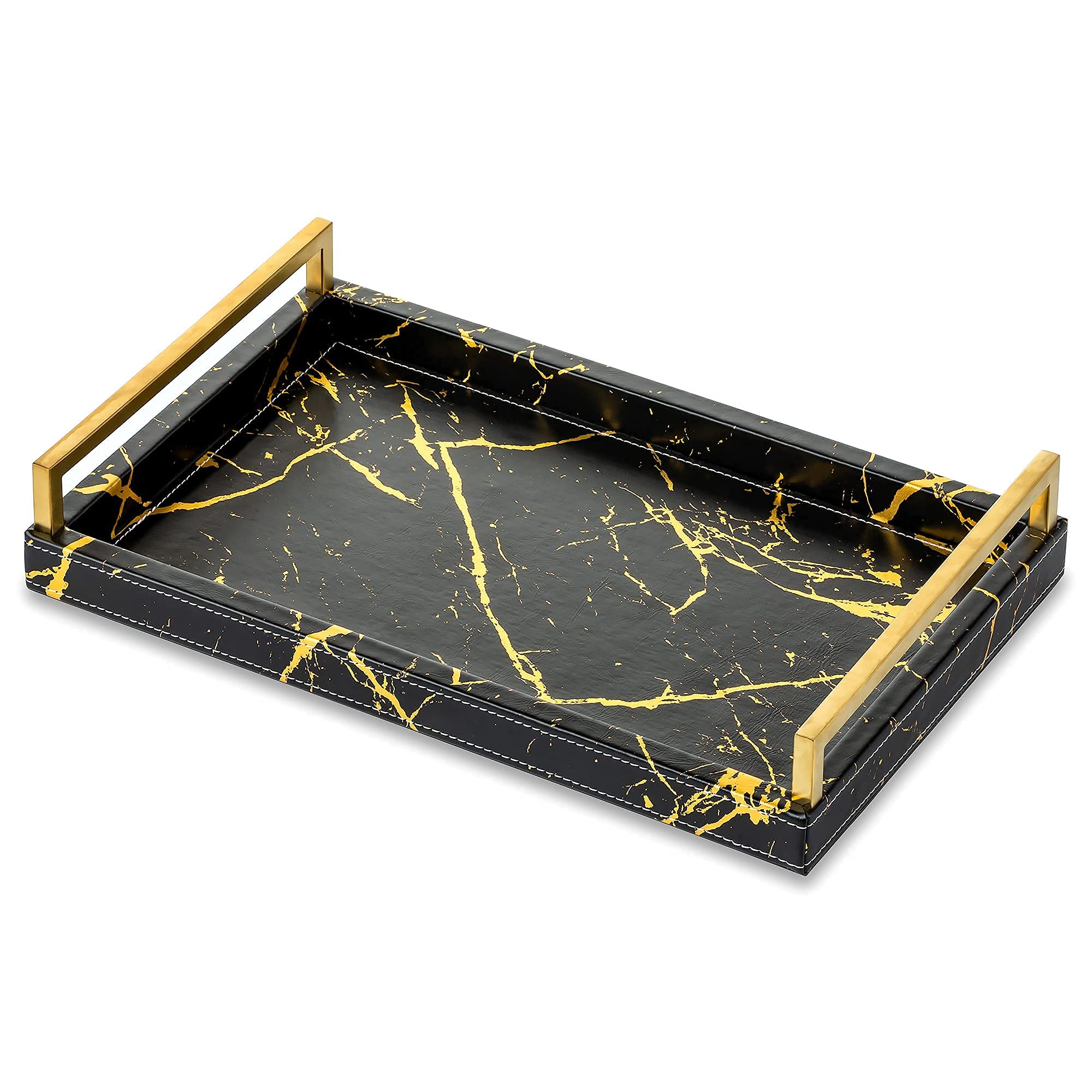 Hanobe Decorative Faux Leather Serving Tray with Metal Handles Large  Rectangle Ottoman Tray Coffee Table Decor Black Vanity Tray for Dresser  Bathroom ...