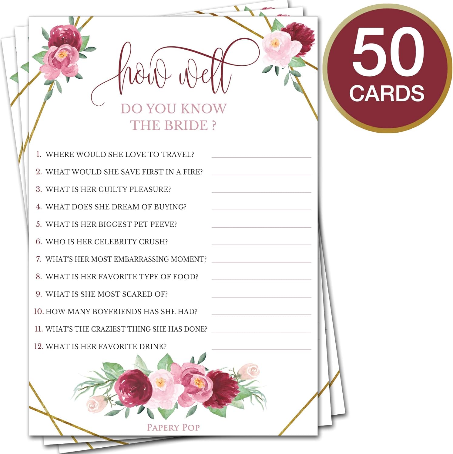 Bridal Shower Games - Wedding Shower Games - Set of 5 Activities - (50 Cards Each, 250 Total) - Bridal Shower Supplies - Rose Gold: Toys & Games