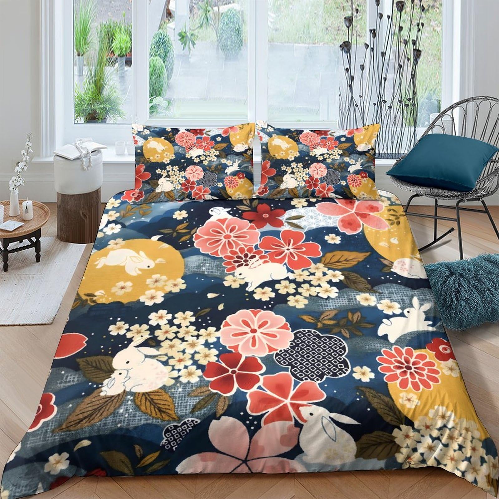 Ctjqhvkz Style-8 3D Printed Japanese Floral Fitted Sheet Microfiber Soft Breathable Rabbit Blossom Mattress Cover For Bedroom Guestroom Decor Single（135X200cm）