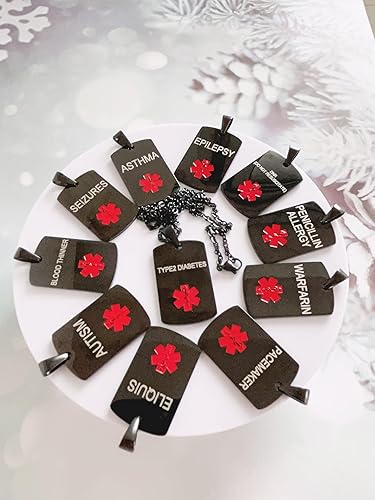 Miniatura 9 de Collar de alerta médica negro para hombres y mujeres, acero inoxidable, grabado con etiqueta de identificación médica, collar de alerta médica de