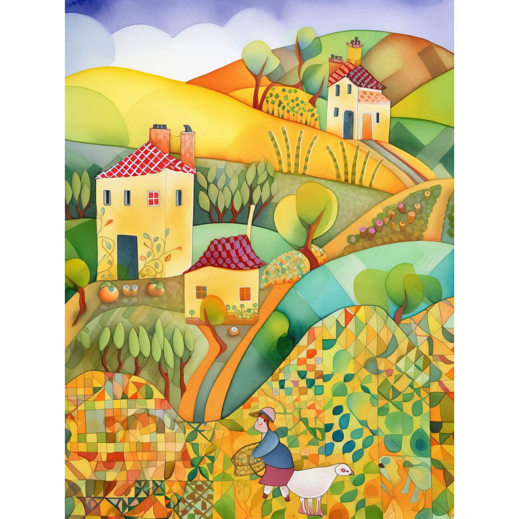Artery8 Countryside Farming Folk Art Watercolour Painting Extra Large XL Wall Art Poster Print, Unframed Paper 24X32, 81L x 61W cm