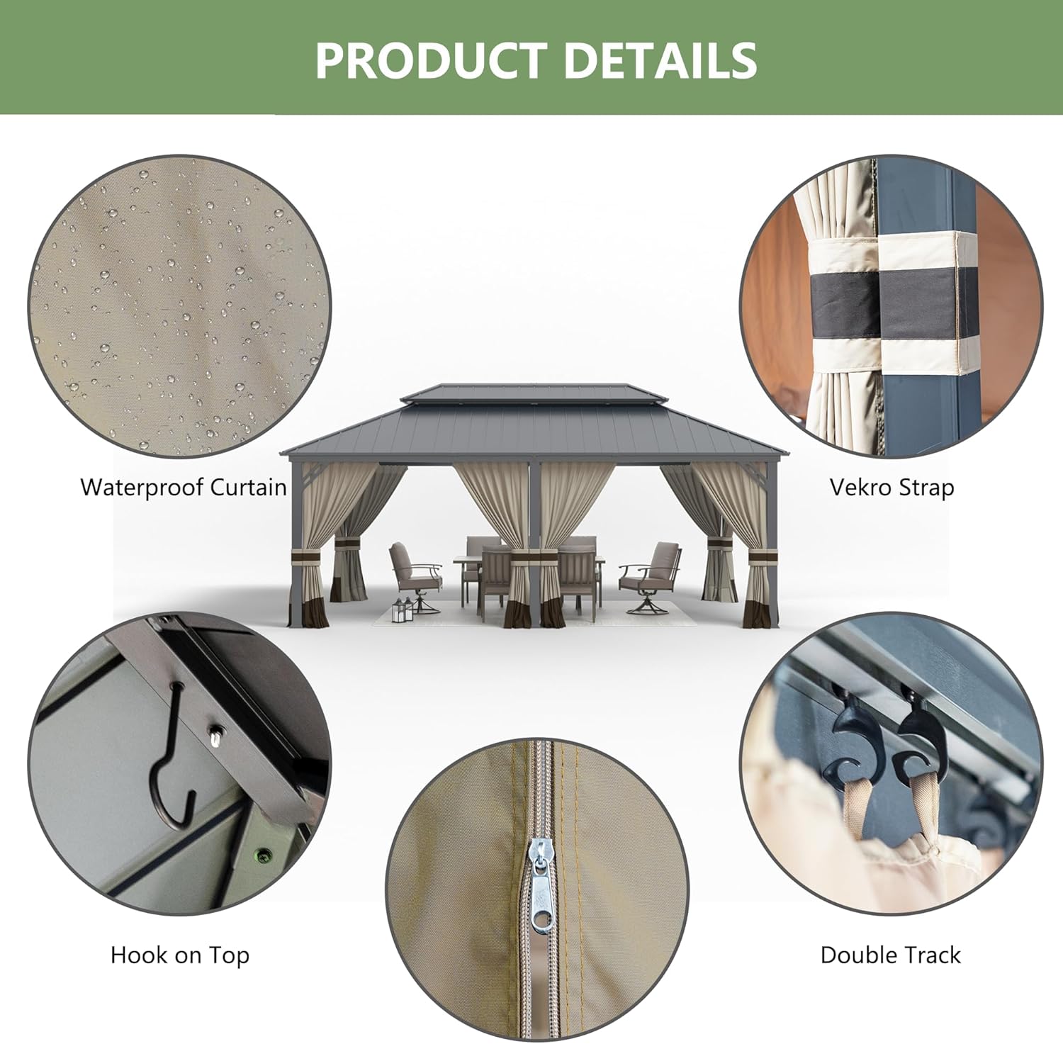 Kullavik 12' x 20' Hardtop Gazebo,Outdoor Galvanized Steel Metal Double Roof Gazebo with Curtains and Netting for Patios,Gardens,Lawns,Sand