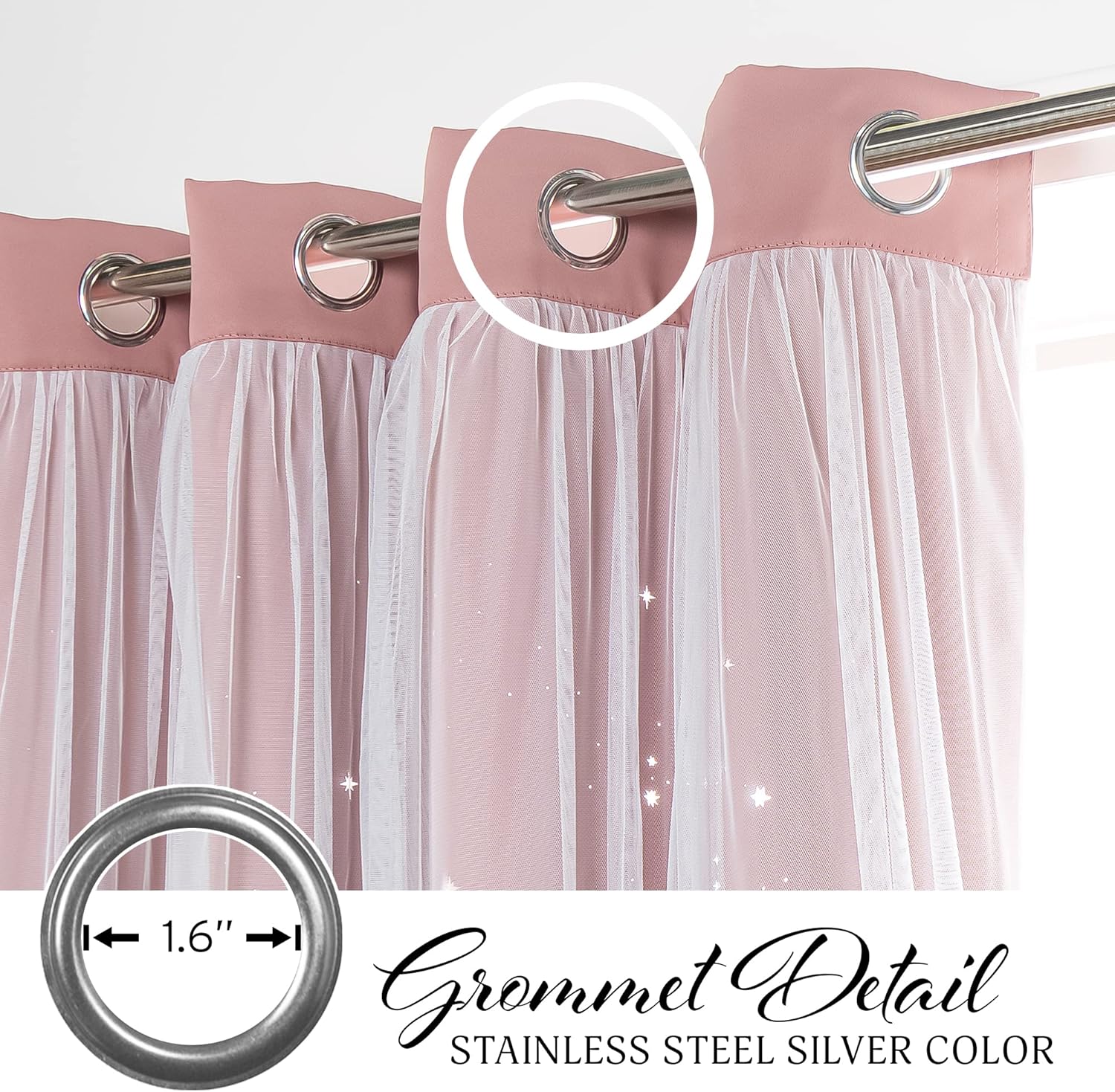 Best Home Fashion Set of 2 Tulle Overlay Blackout Laser Cut Starry Sky Curtain Pair, Silver Grommet Window Panels for Bedroom, Kids Room, Nursery, Thermal Insulated- 52" W x 84" L, Mauve