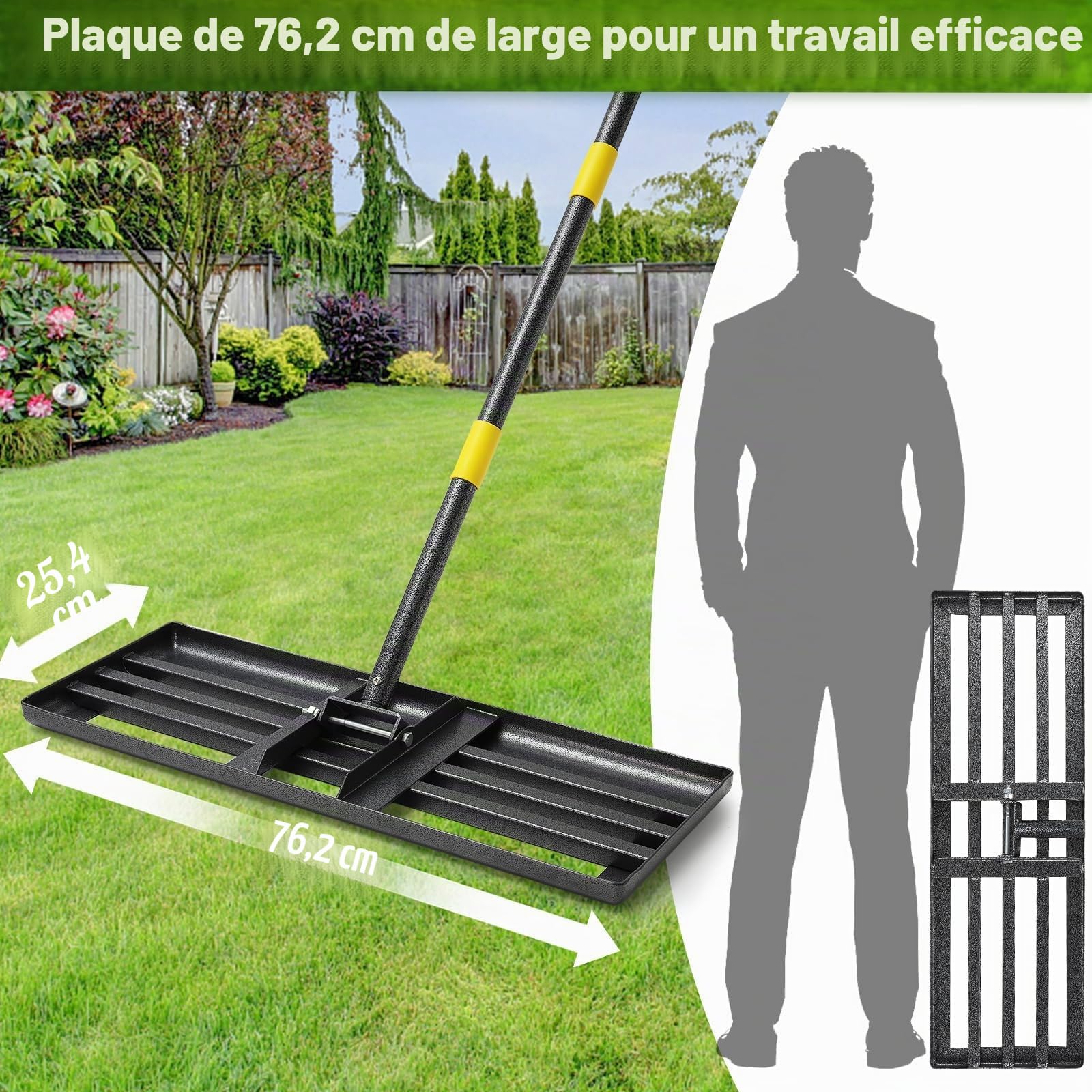 Râteau de nivellement de pelouse en métal - 157 cm - pour Le Golf, Le Jardin, la Surface - en Acier Inoxydable - 76 x 25 cm (182cm)