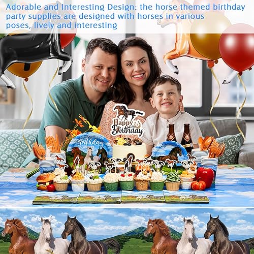 Miniatura 5 de Mumufy 271 piezas de decoración de fiesta de caballo, suministros de cartel de feliz cumpleaños, mantel de papel de aluminio de caballo, globo de