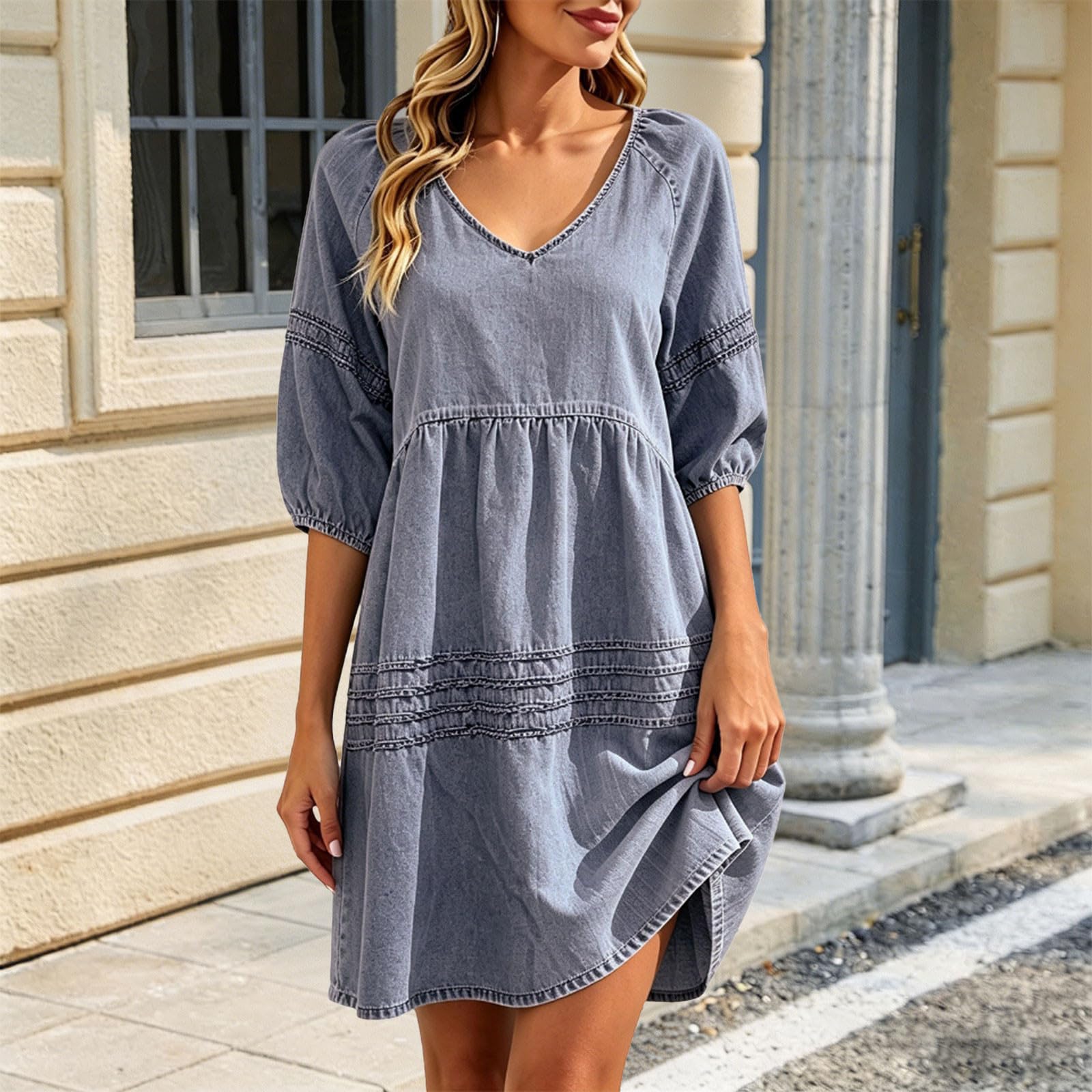 Vestido Vaquero Informal de Corte Alto con cinturón y Mangas abullonadas para Uso Diario.