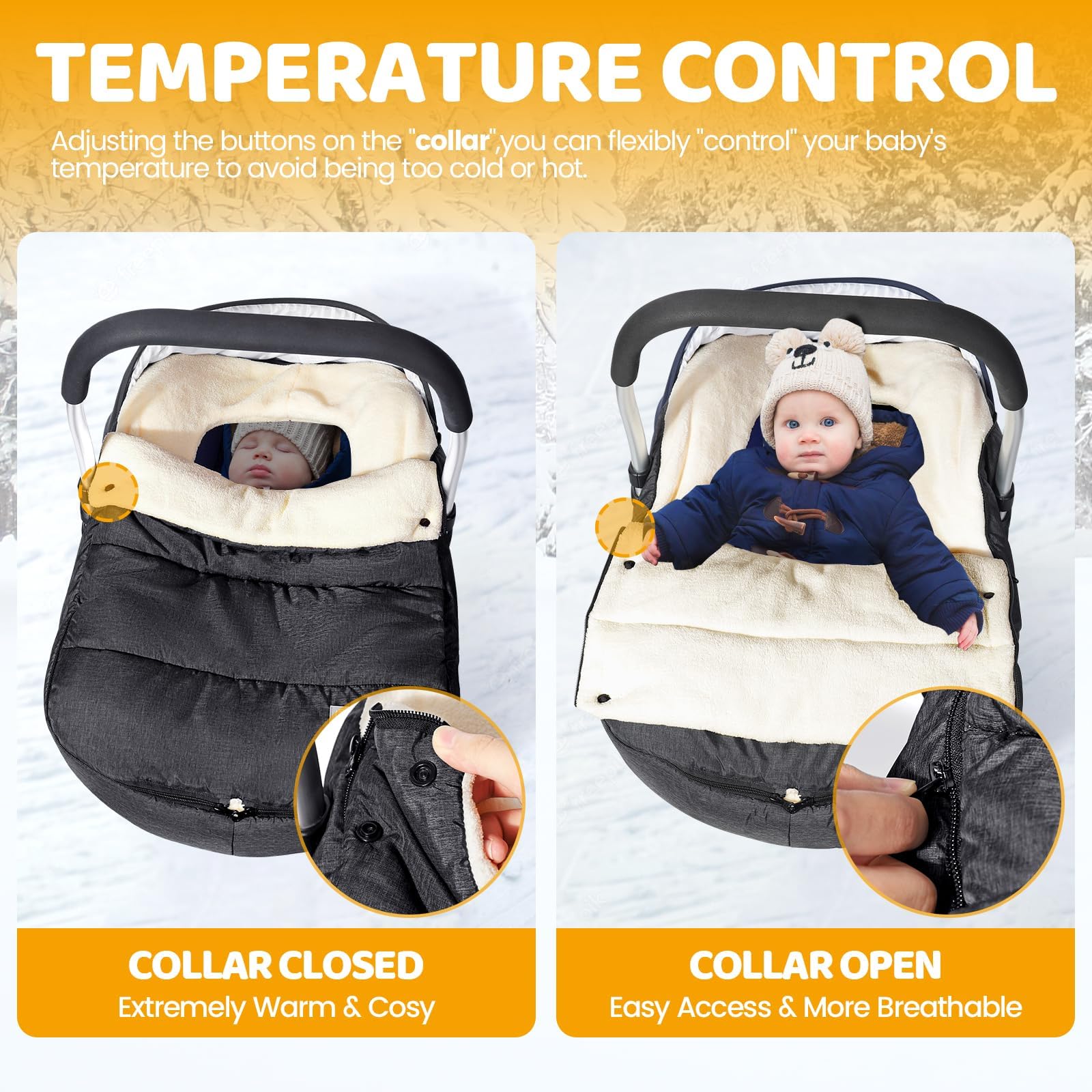 Orzbow Sacco Ovetto Neonato Invernale, Universale Sacco Nanna Ovetto Invernale con Collare Regolabile, Calda Fodera in Vello Coral, Staccabile e Lavabile in Lavatrice (Grigio Scuro)