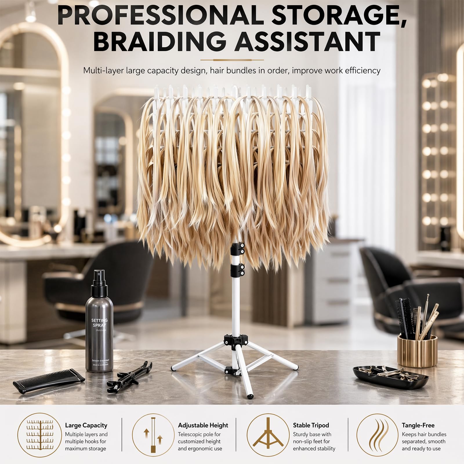 Braiding Hair Rack regolabile in altezza e pieghevole – 144 perni extension per capelli con fermagli per capelli + pettini, supporto per parrucchieri e trecce (bianco)